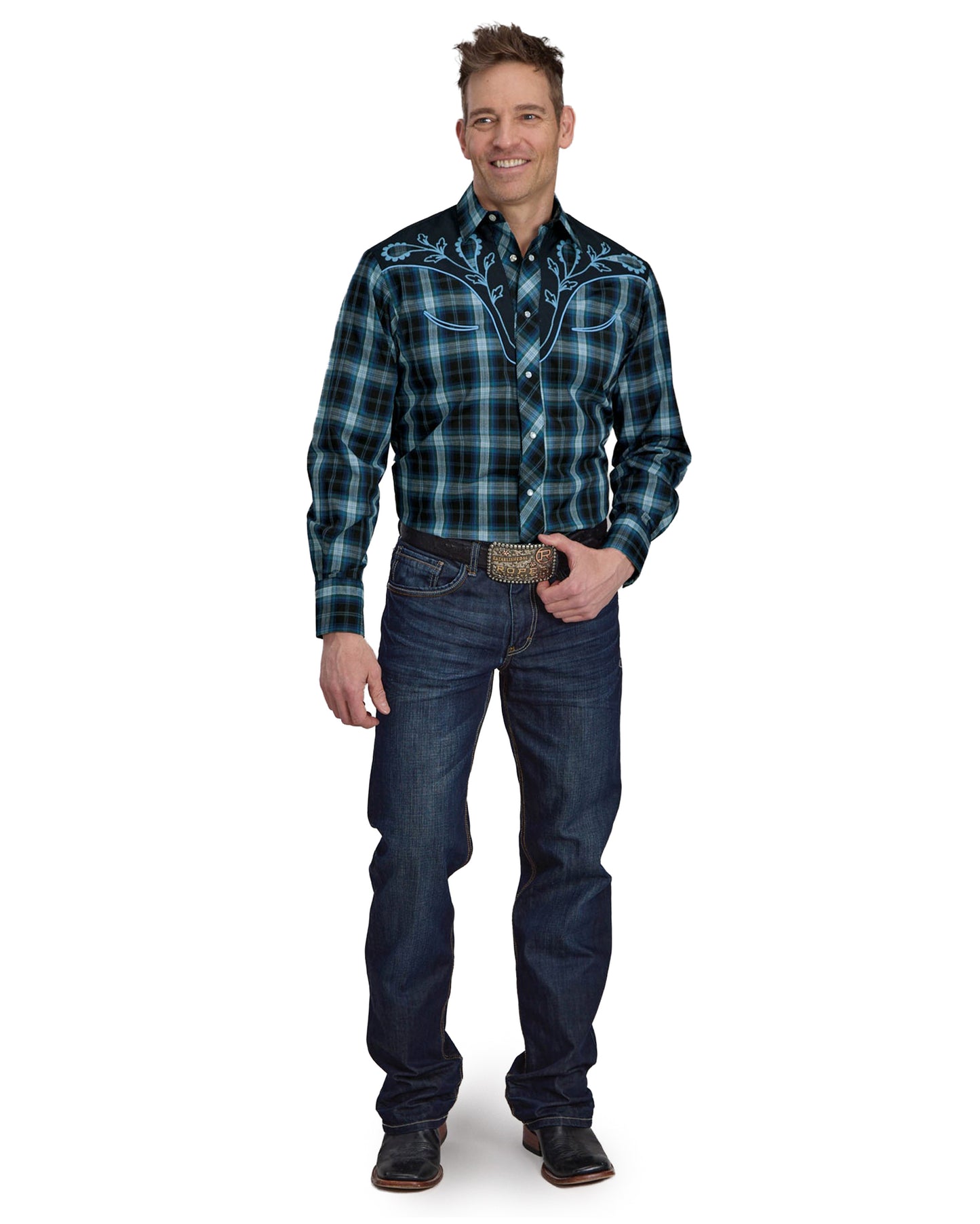 Men's Mulit Blue Windowpane Plaid Long Sleeve Snap Western Shirt - 01-001-0024-1070 Bu