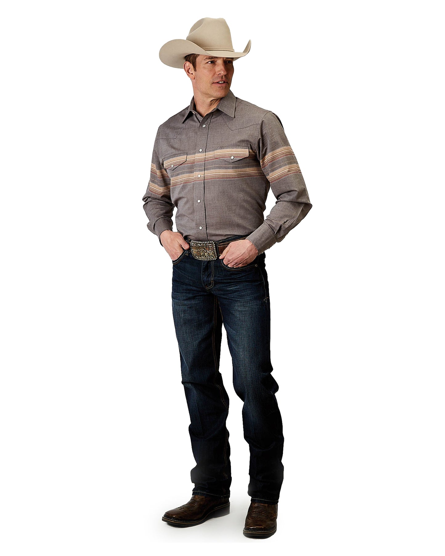 Mens Long Sleeve Snap Border Stripe Western Shirt - 01-001-0043-0367 Gy