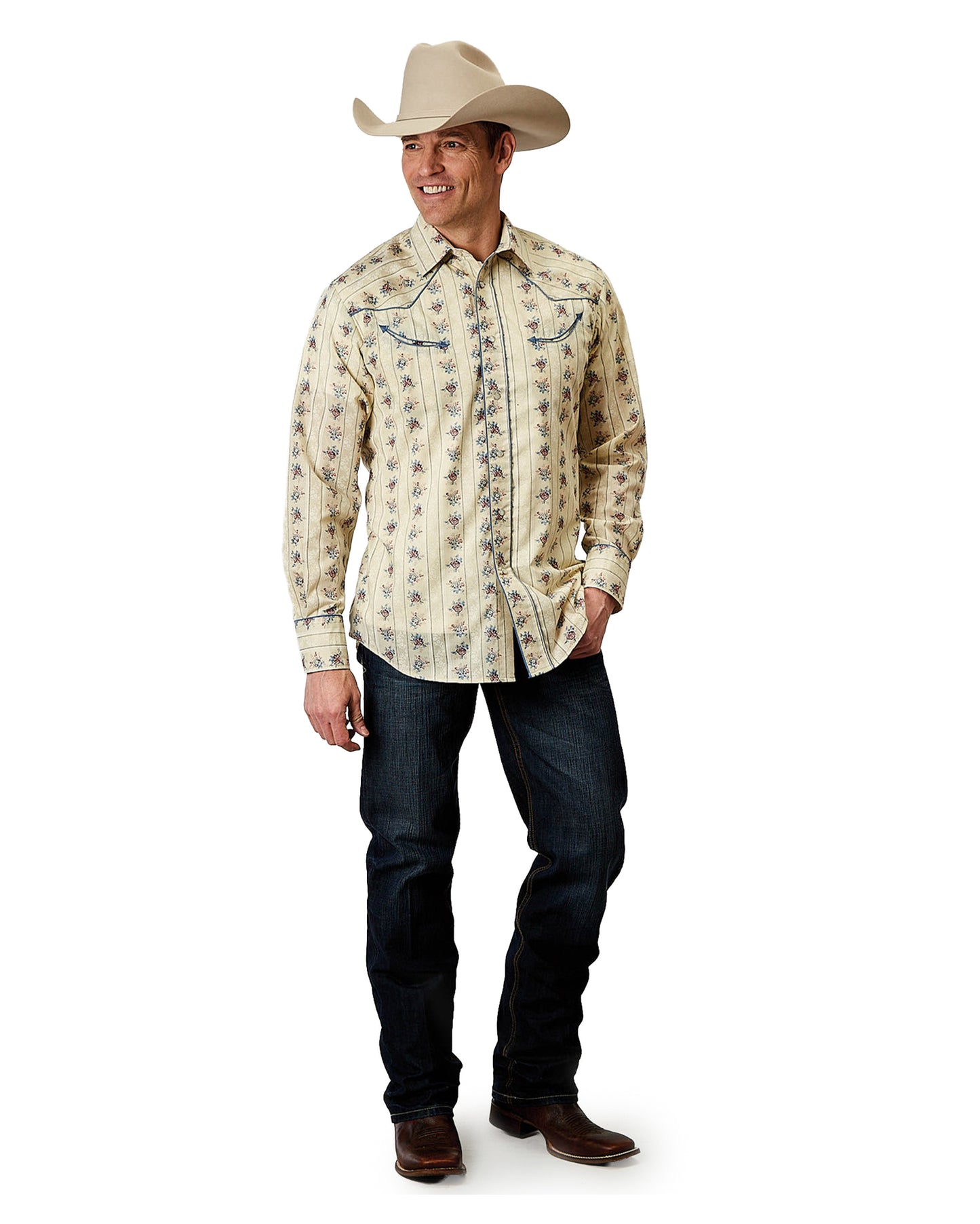 Mens Long Sleeve Snap Floral Stripe Western Shirt With Solid Piping On Front - 01-001-0086-0351 Ye