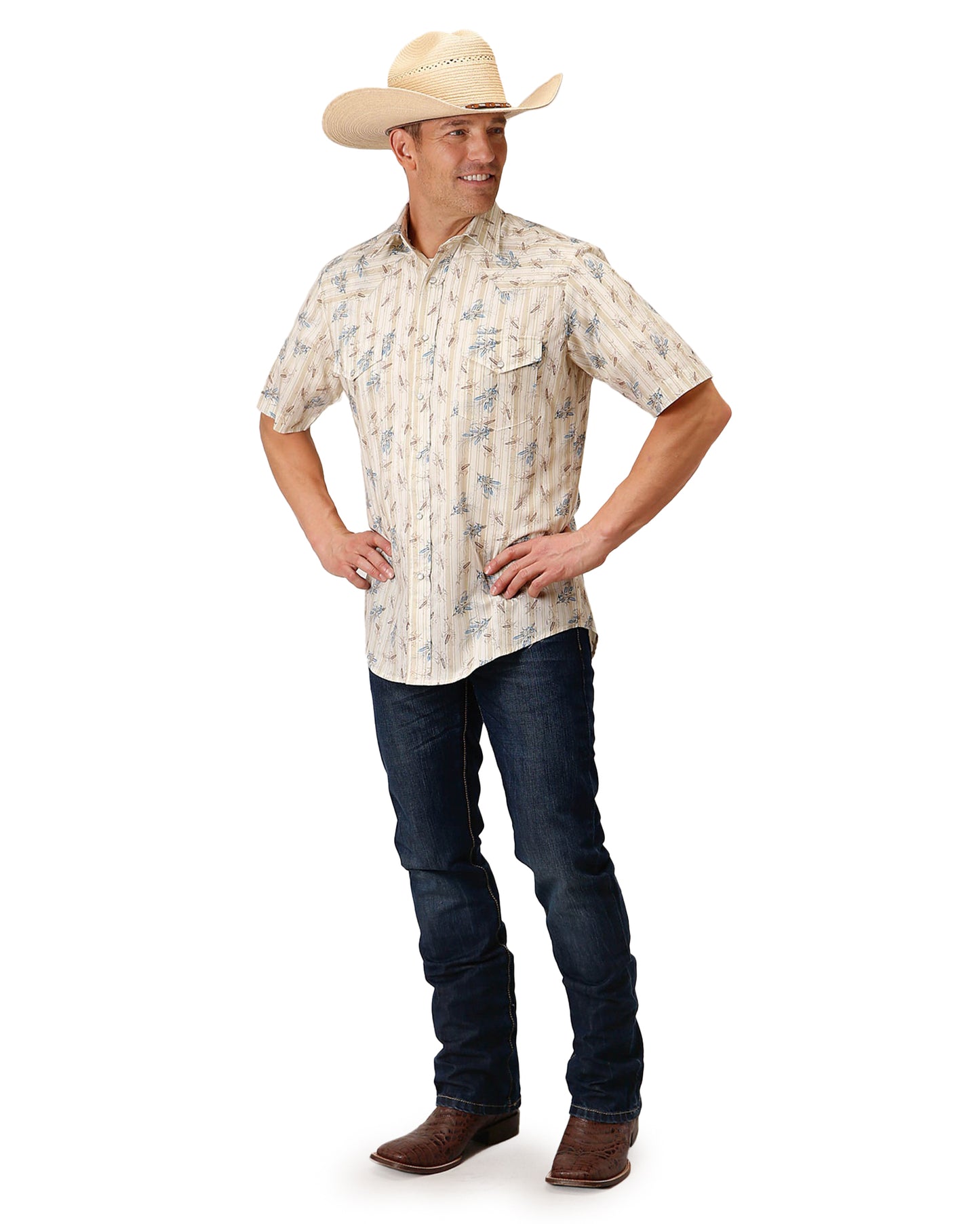 Men's Short Sleeve Vintage Wheat Print Western Shirt