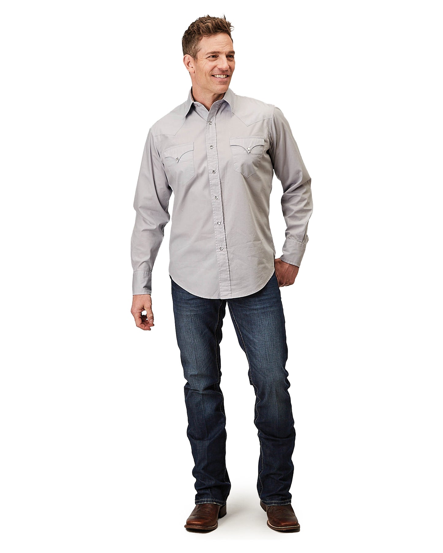 Mens Long Sleeve Snap Solid Poplin Grey Western Shirt - 03-001-0060-0324 Gy