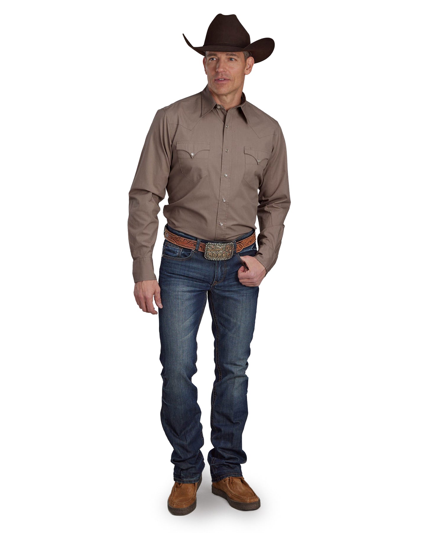 Mens Solid Poplin - Stone Long Sleeve Snap Western Shirt - 03-001-0060-0612 Br