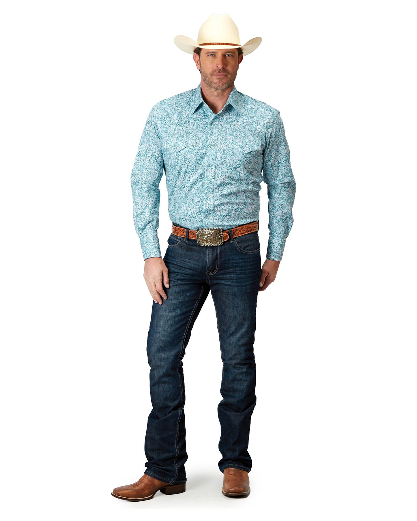 Mens Long Sleeve Snap Stretch Poplin Teal Paisley Western Shirt - 03-001-0225-2108 Gr
