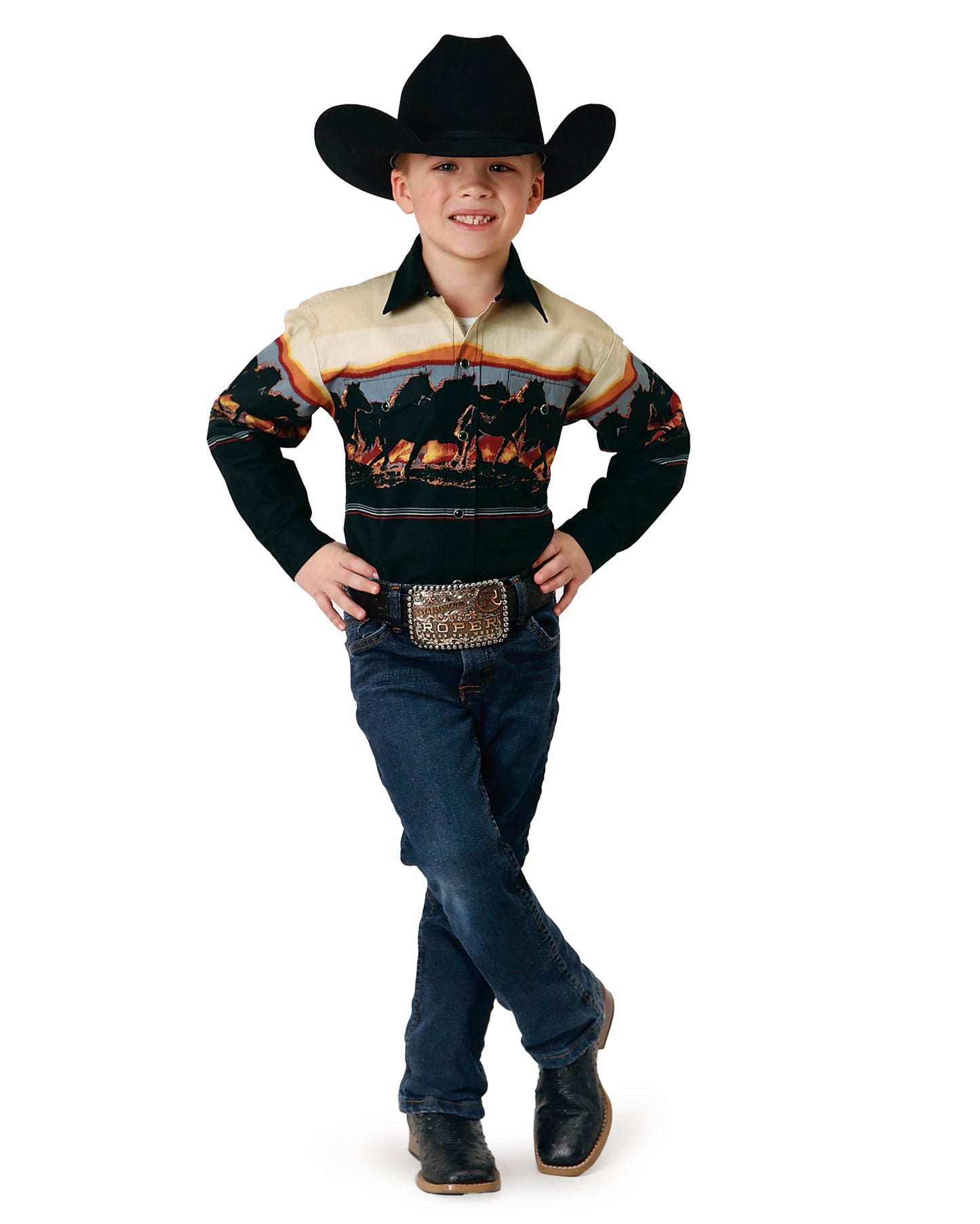Boys' Long Sleeve Scenic Horse Border Western Shirt