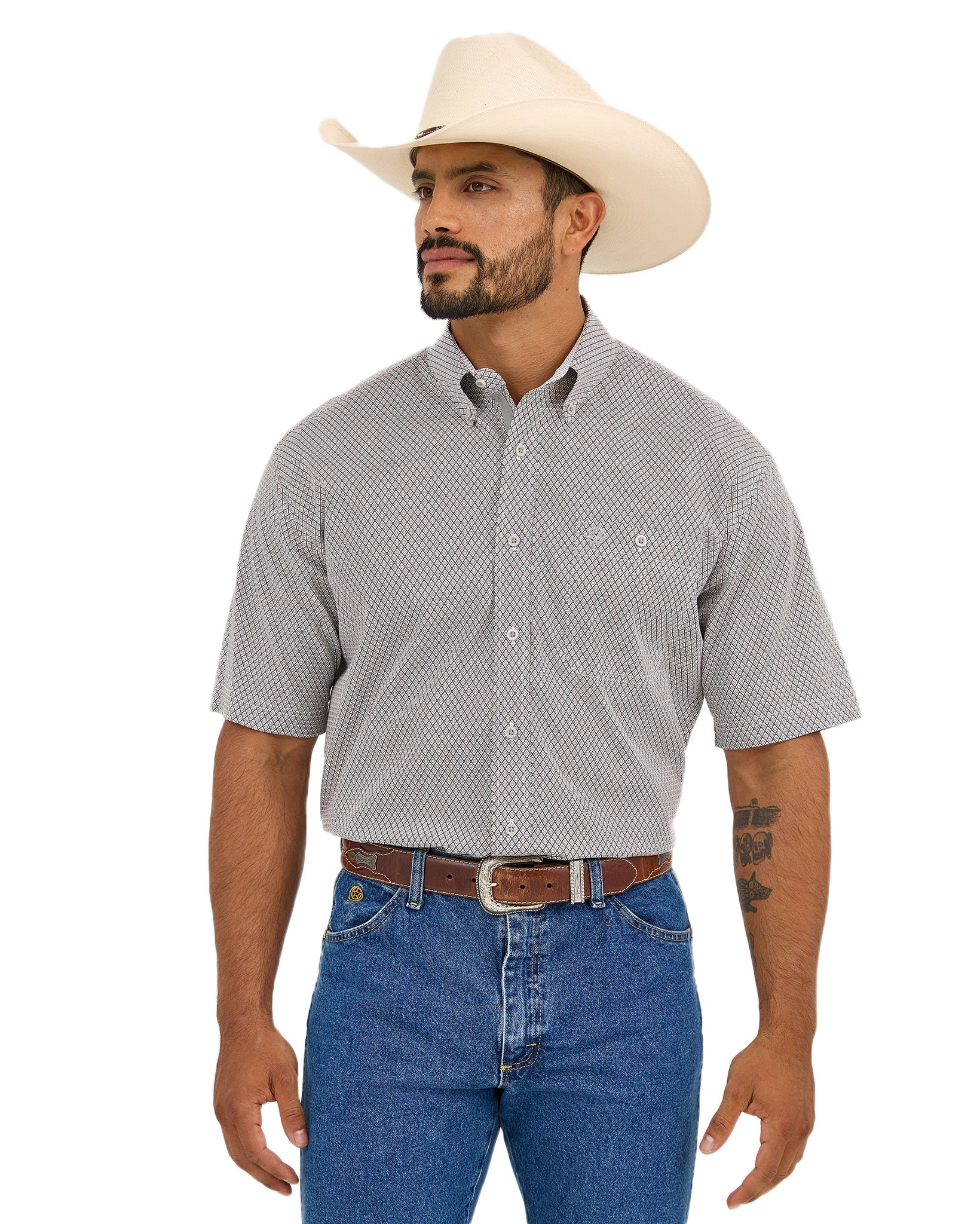 Wrangler George Strait Short Sleeve One Pocket Button Down Shirt - Grey Cross Print L Wrangler George Strait Short Sleeve One Pocket Button Down Shirt - Grey Cross Print L