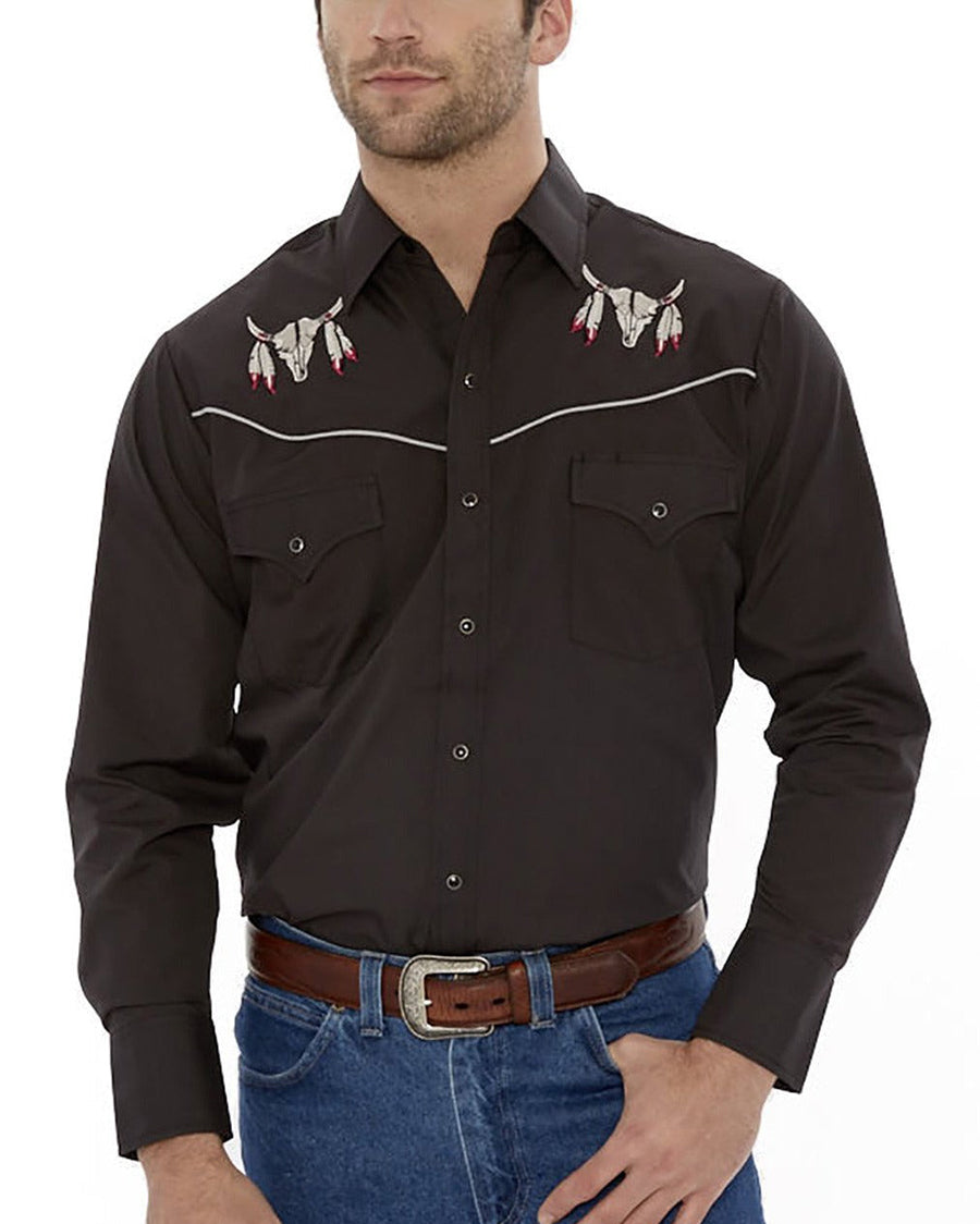 Men's Long Sleeve Western Snap Shirt with Cow Skull Embroidery