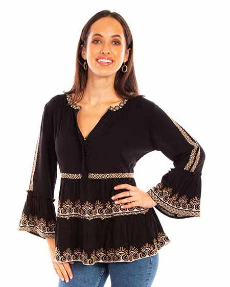 Women's Embroidered Ruffle Blouse by Scully from Skip’s Western Outfitters | SCU-HC882-BLK-XS-BLACK
