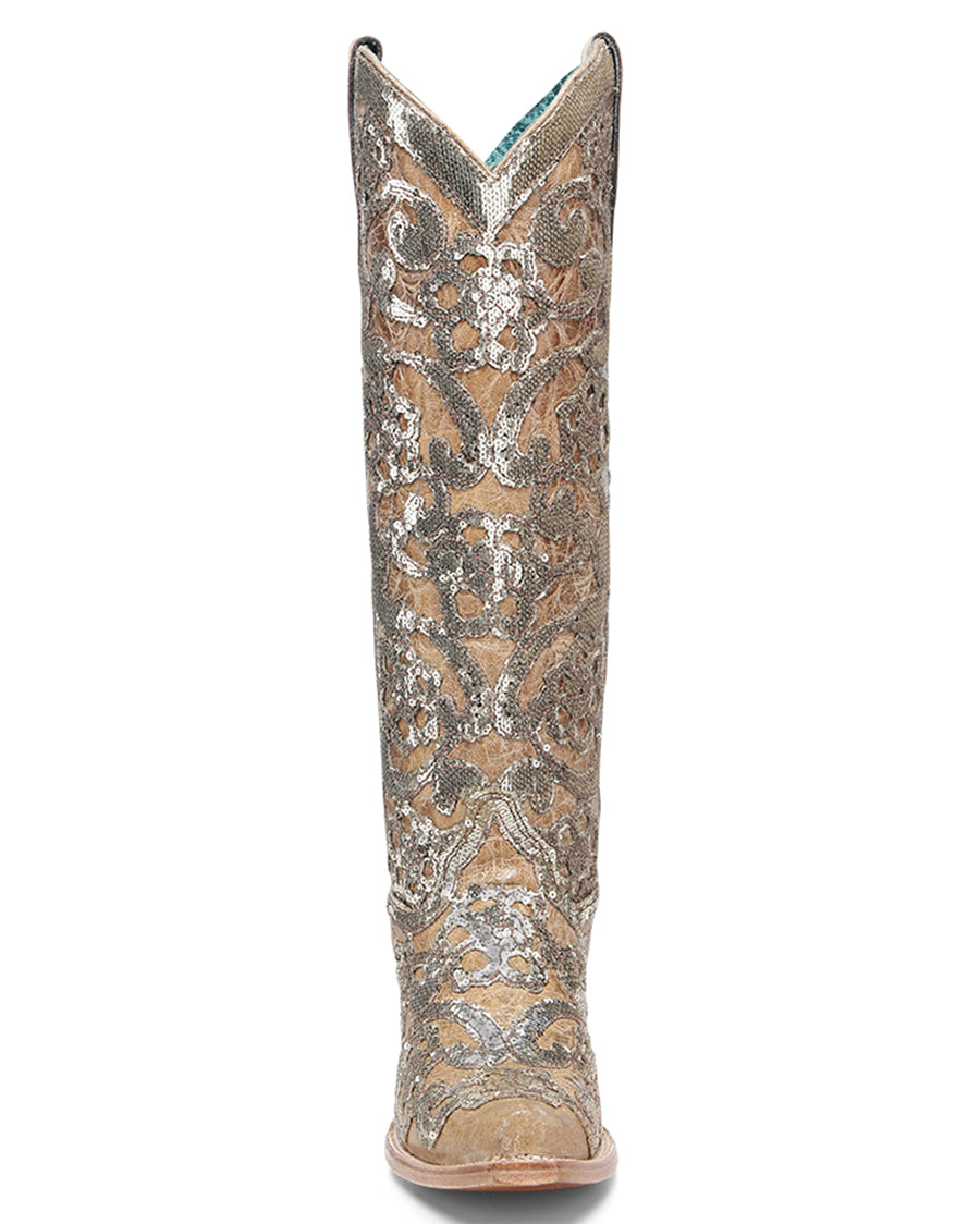 Women's Floral Sequin Tall Top Western Boots - A4867