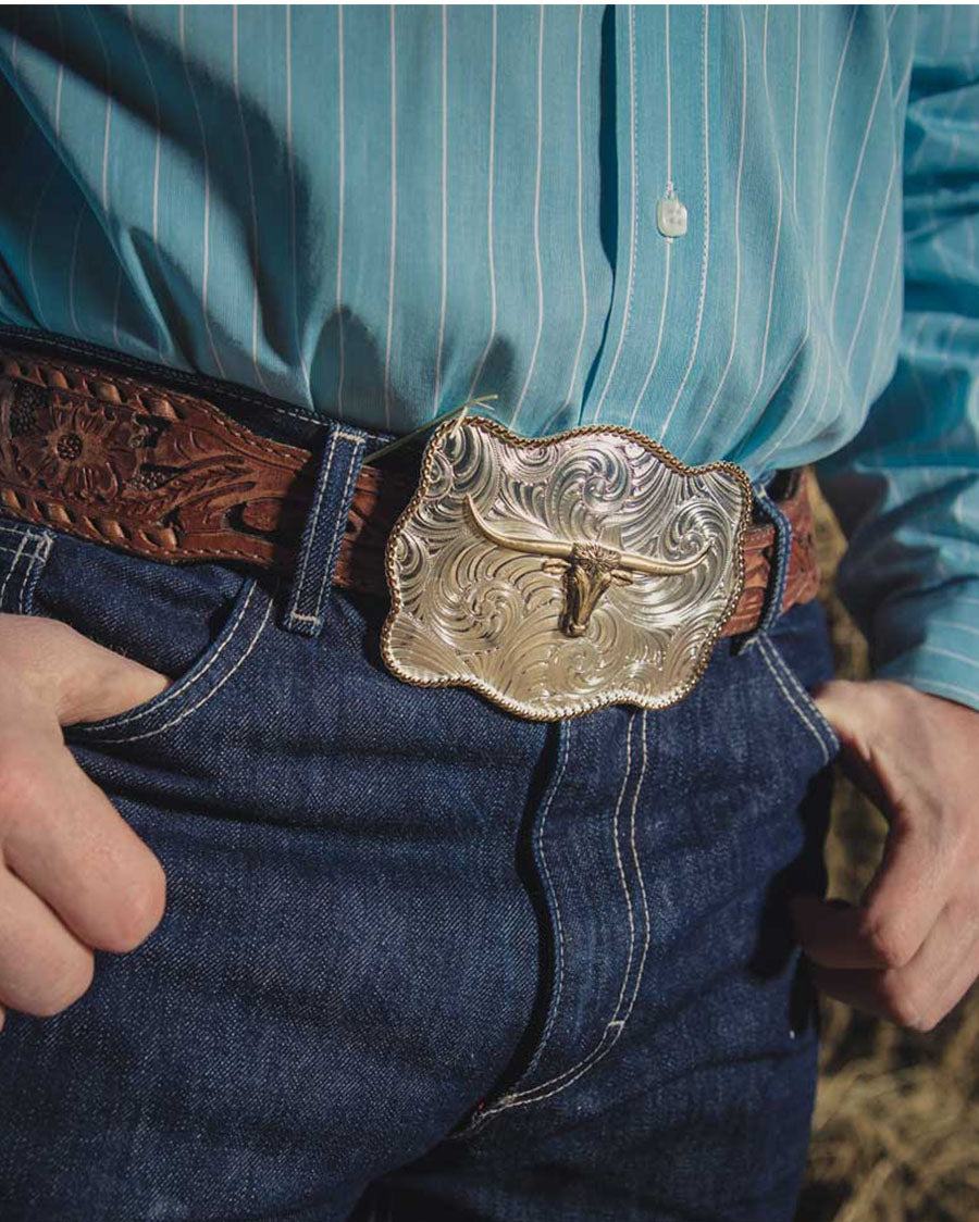 Bold Engraved Scalloped Buckle With Longhorn - 50510-767H