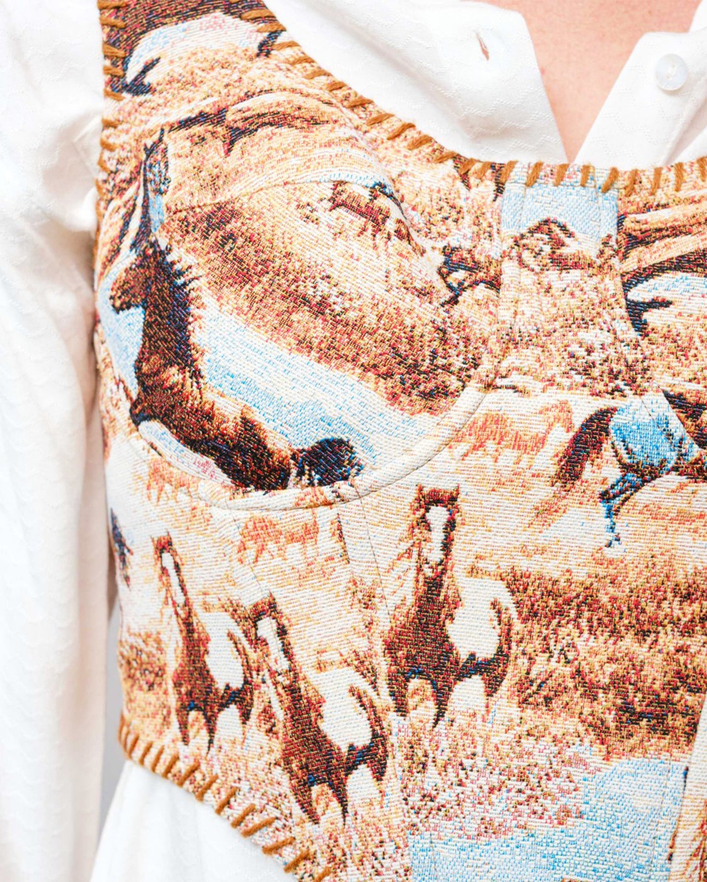 Women's Horse Jacquard Stitch Detail Corset - 36847T-Brown-Multi