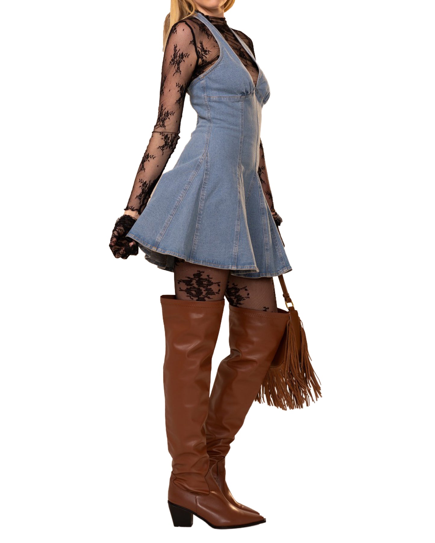 Women's Stretch Denim Halter Swing Mini Dress - 52179D-Light-Wash