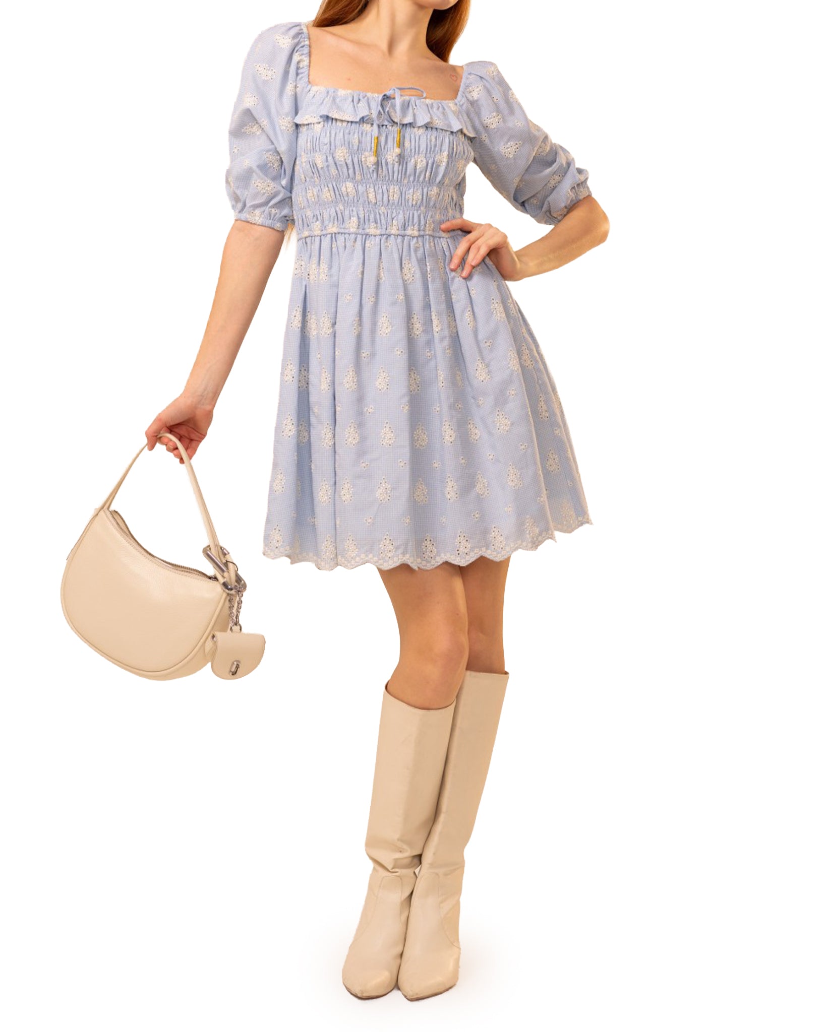 Embroidered Puff Sleeve Smocked Mini Dress