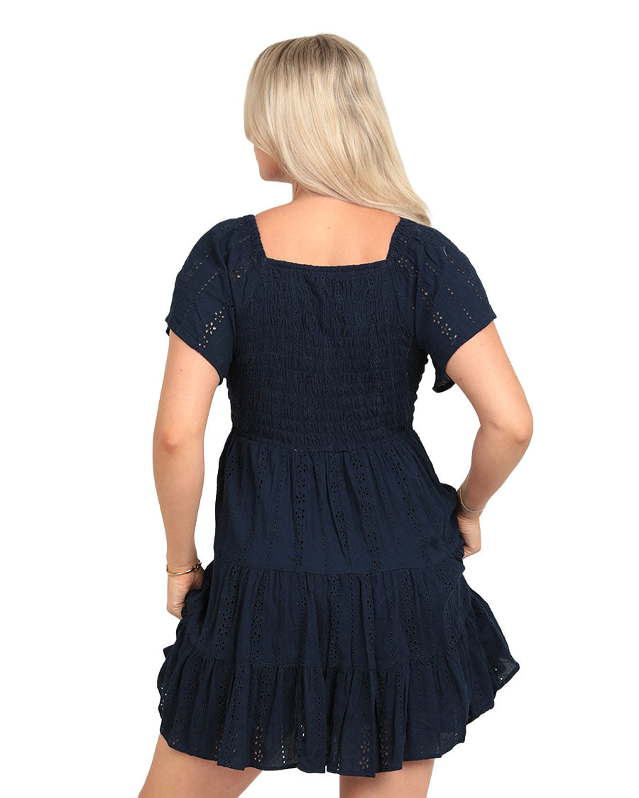 Women's Short Sleeve Smocked Bodice Dress W Embroidery - C4937-Em08-Navy