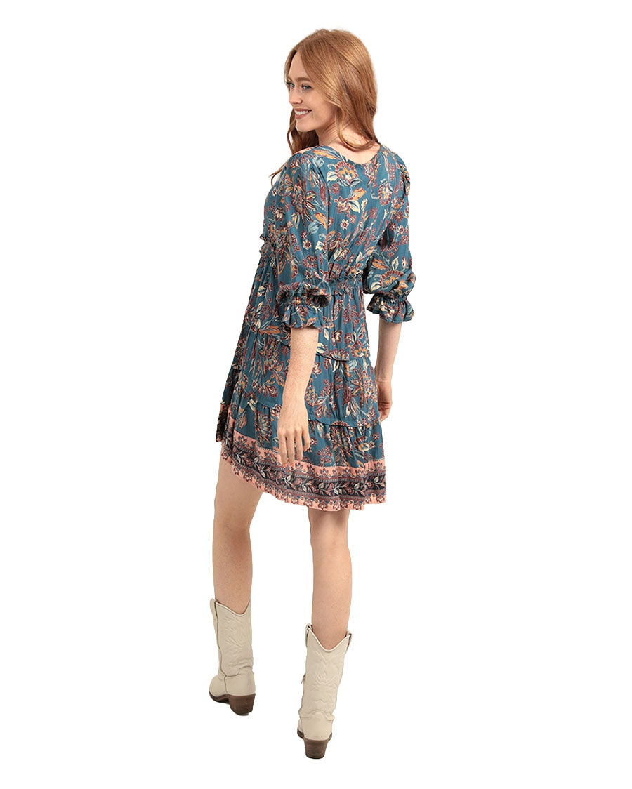 Women's V Neck Smocked Waist Tiered Skirt Dress - F4E62-Fr32-Grey-Floral