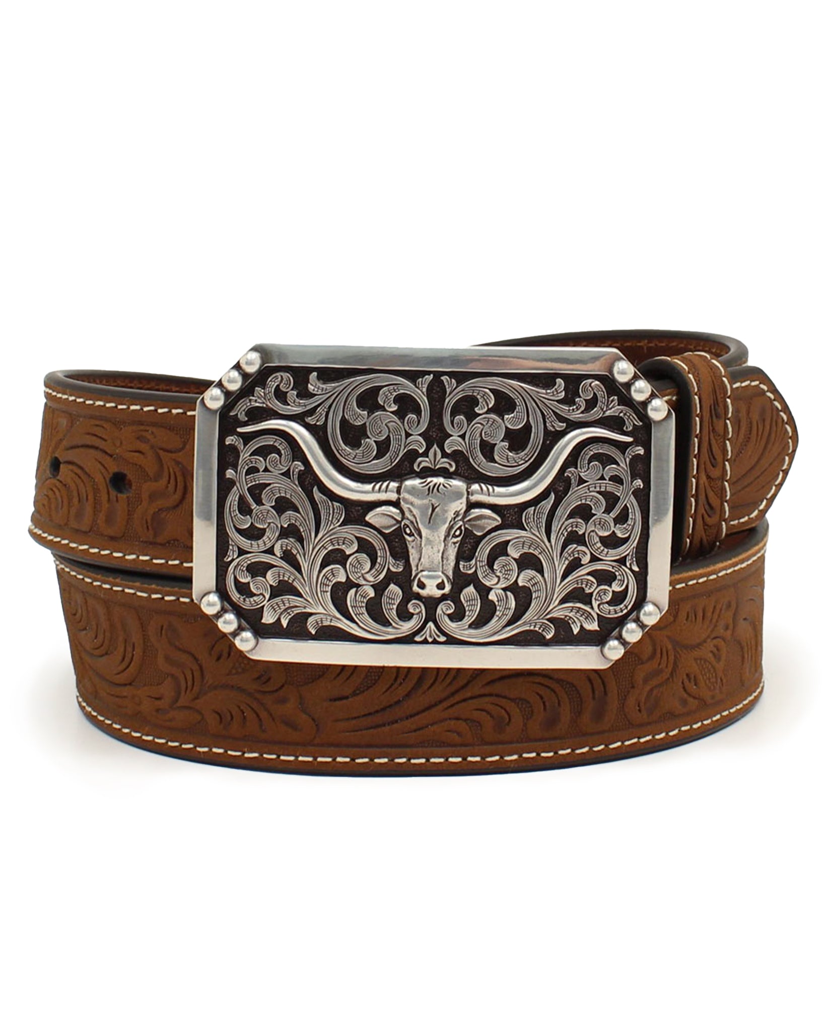 Men's Western Style Leather Belt with Eagle Buckle - Vintage Embossed