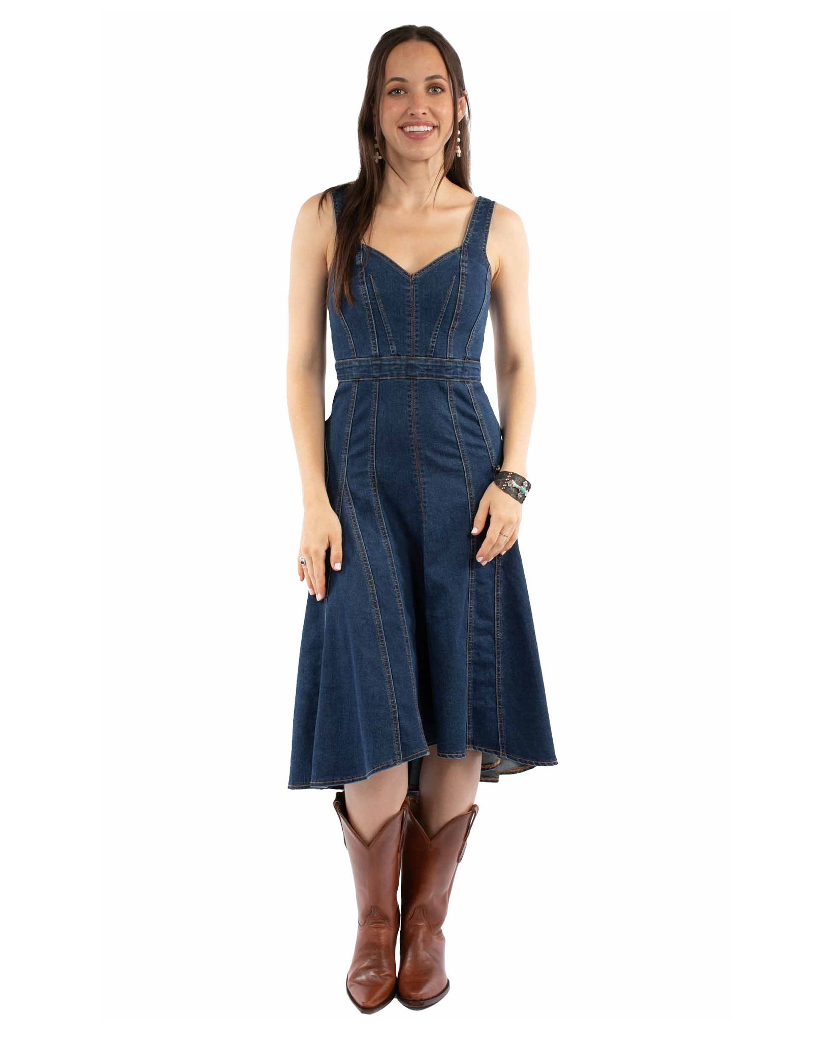 white christmas dresses Studded Western Buckle Stretch Denim Dress main image 1