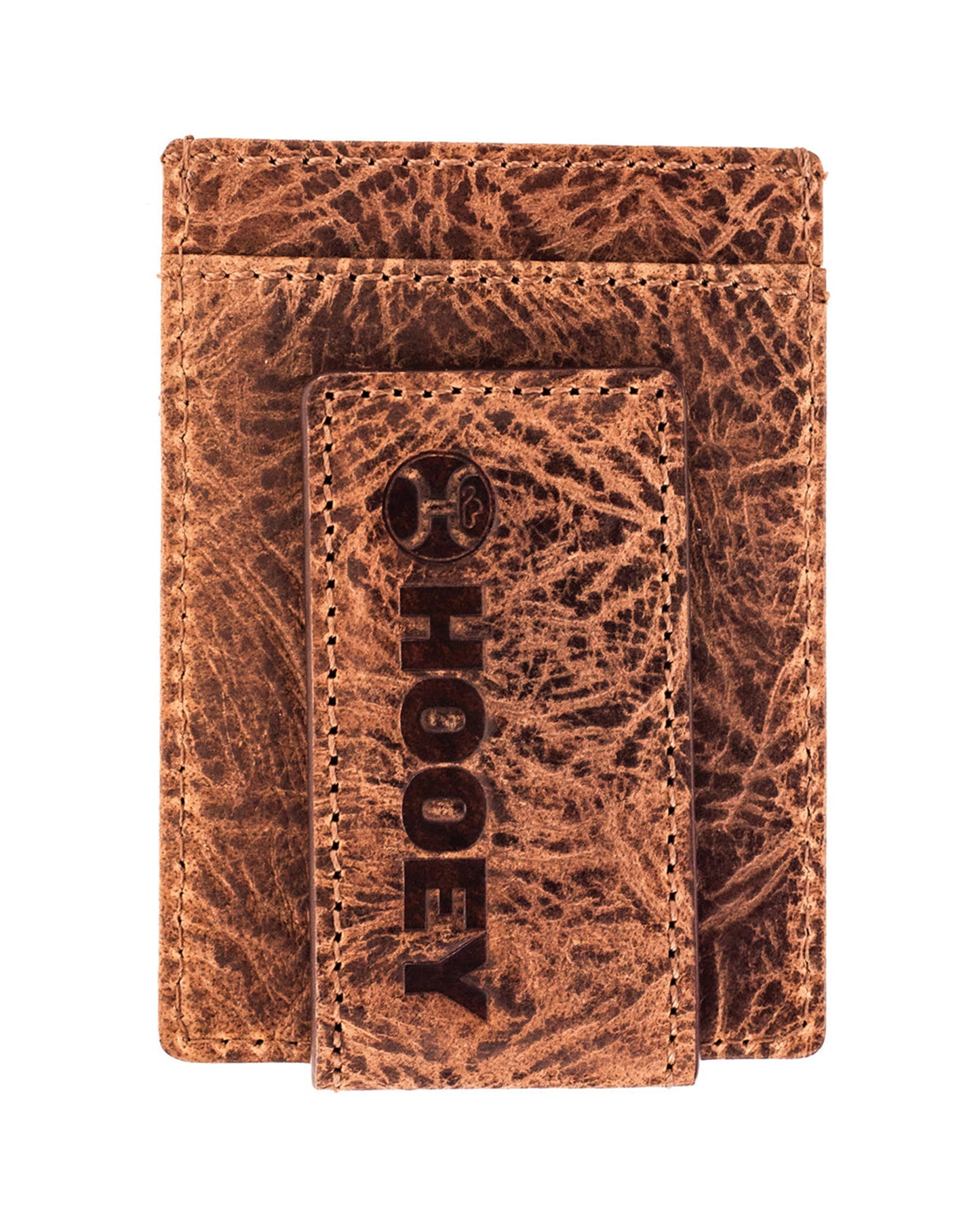 Sawyer Hooey Ostrich Print Leather Money Clip With Brown Overlay And Turquoise Accent - Hmc032-Tnbr