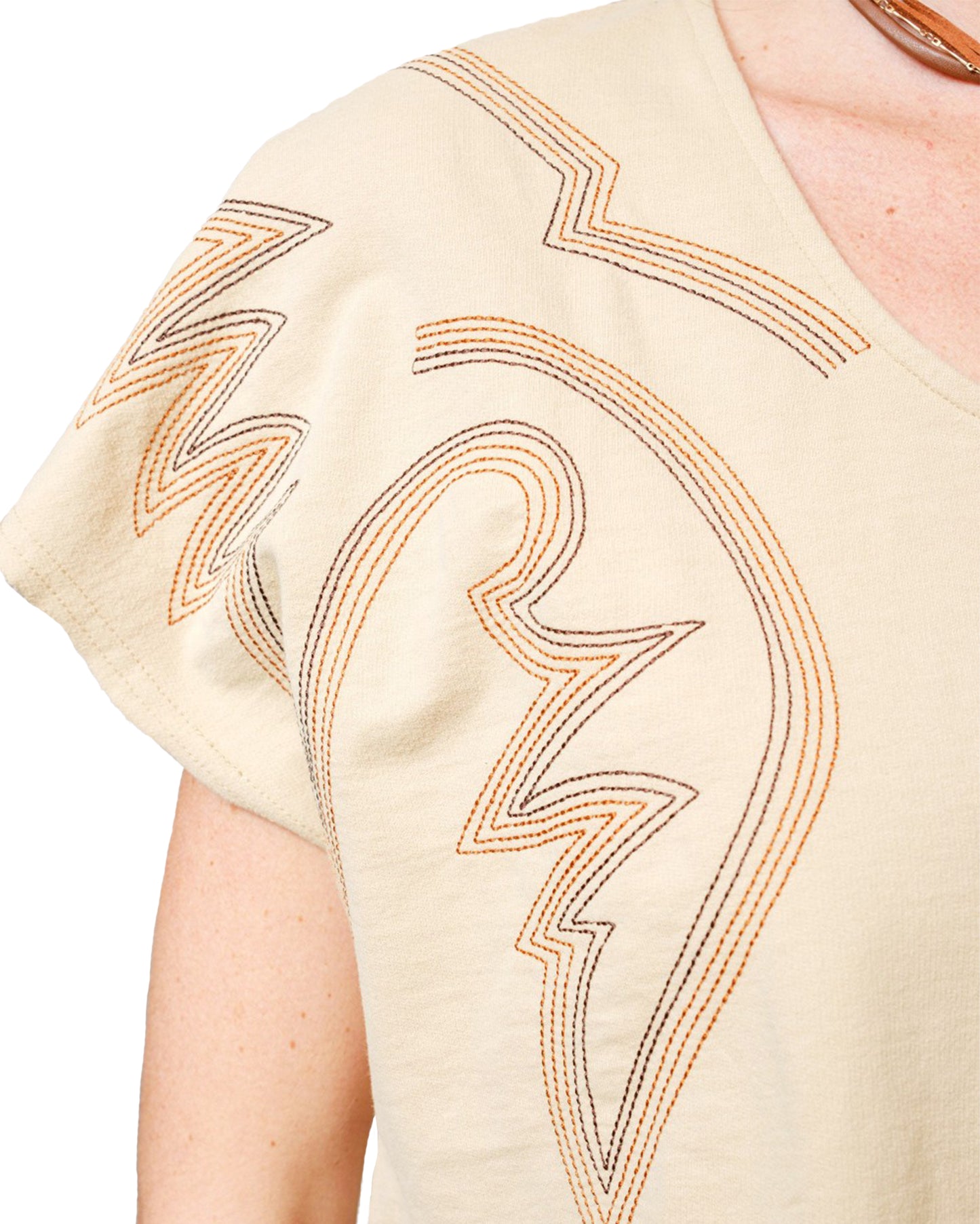 Women's Dolmen Boots Stitch V-Neck French Terry T-Shirt