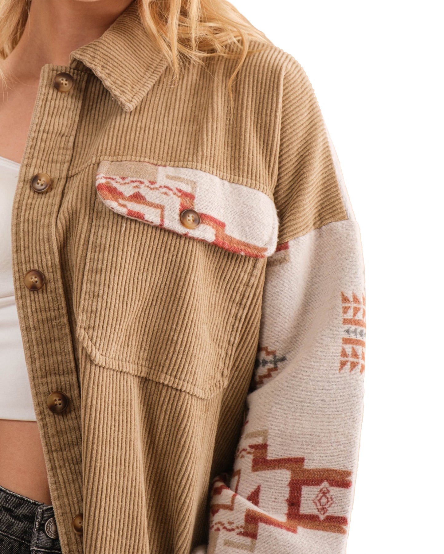 Women's Corduroy Aztec Contrast Button Up Shirt Jacket