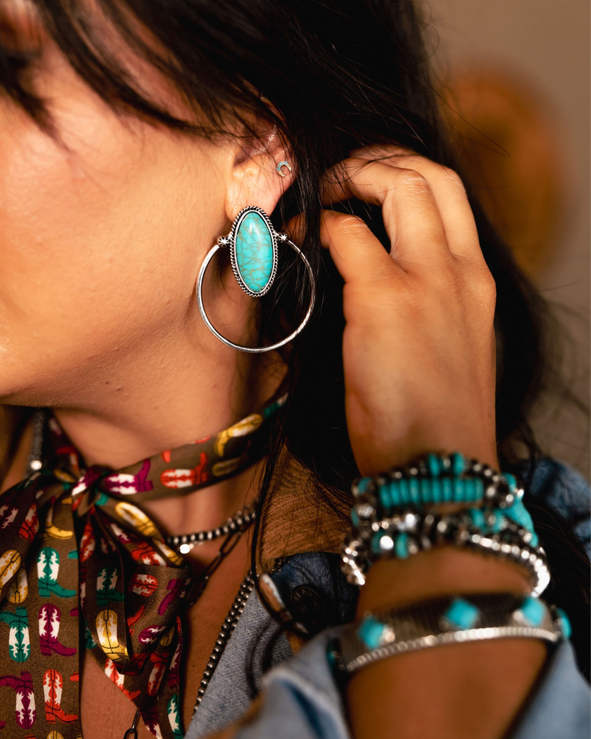 Women's 2.25" Turquoise Oval Post Earring With Hoop Accent - E923