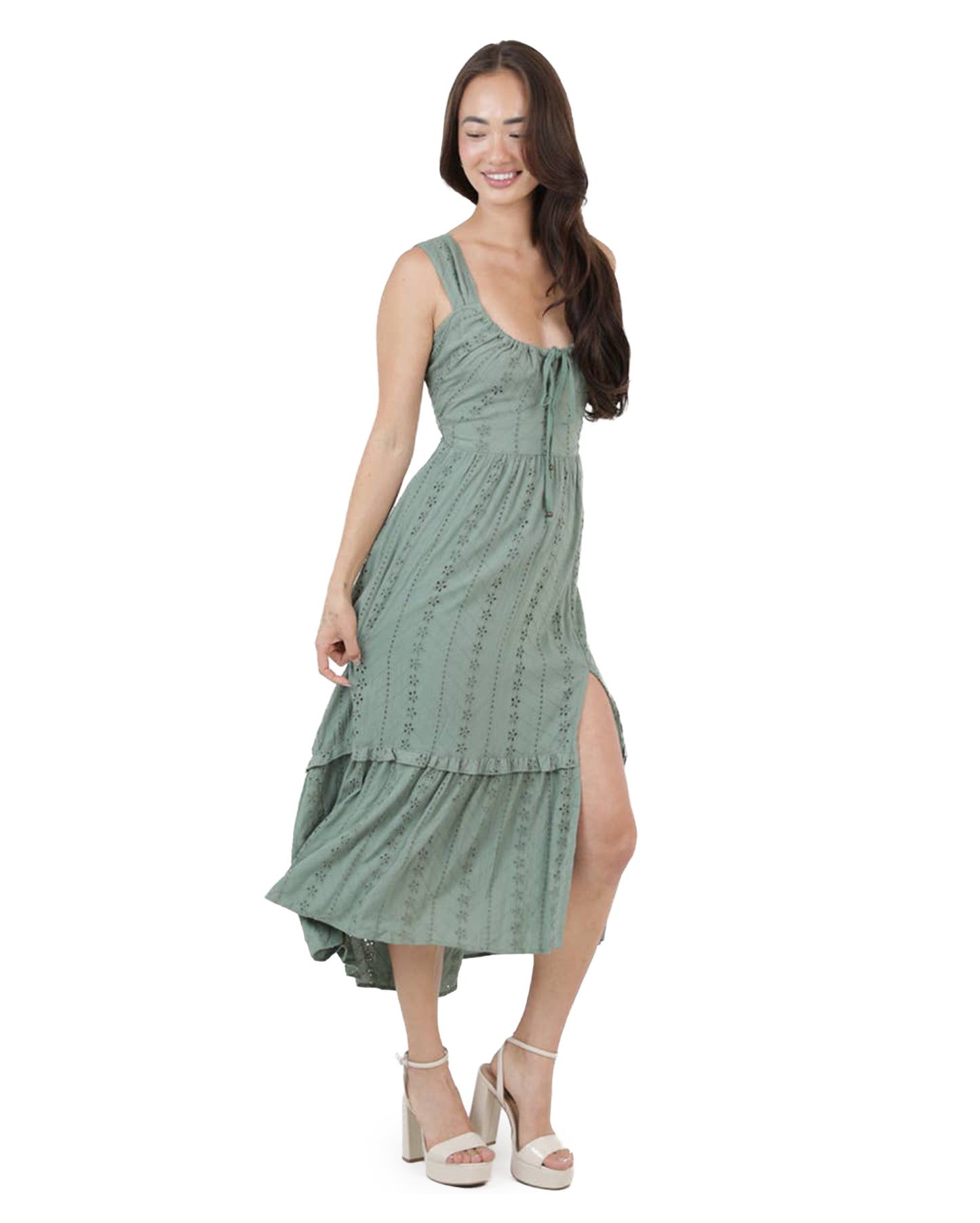 Women's Eyelet Embrodiered Slit Maxi Dress - C4E24-Em08-Olive