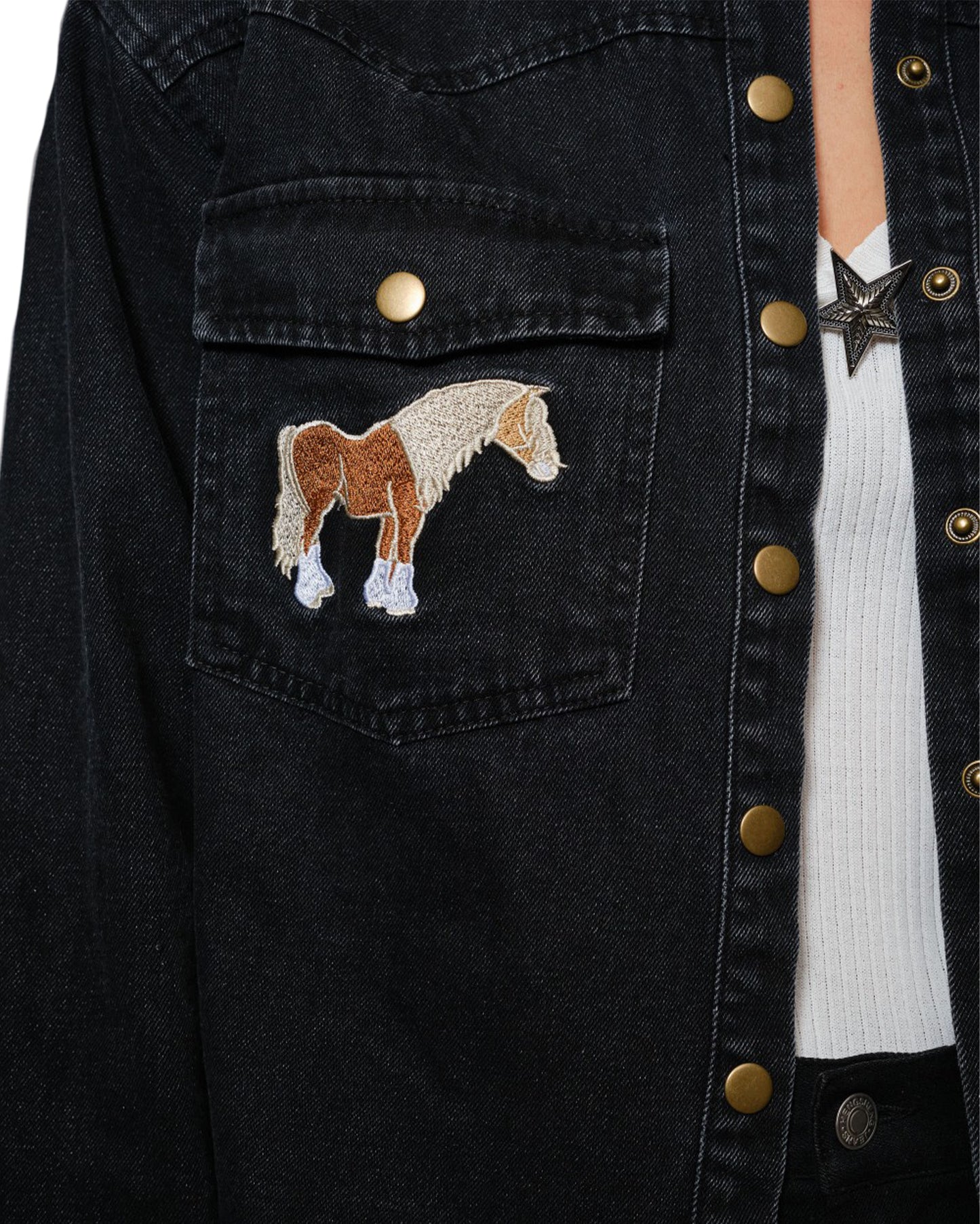 Women's Horse Embroidered Cropped Denim Jacket