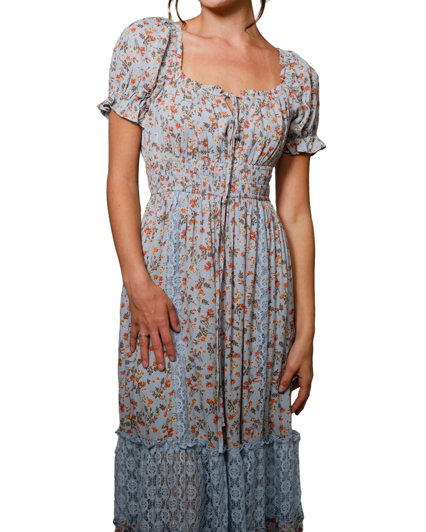 Women's Floral Lace Smocked Puff Sleeve Dress