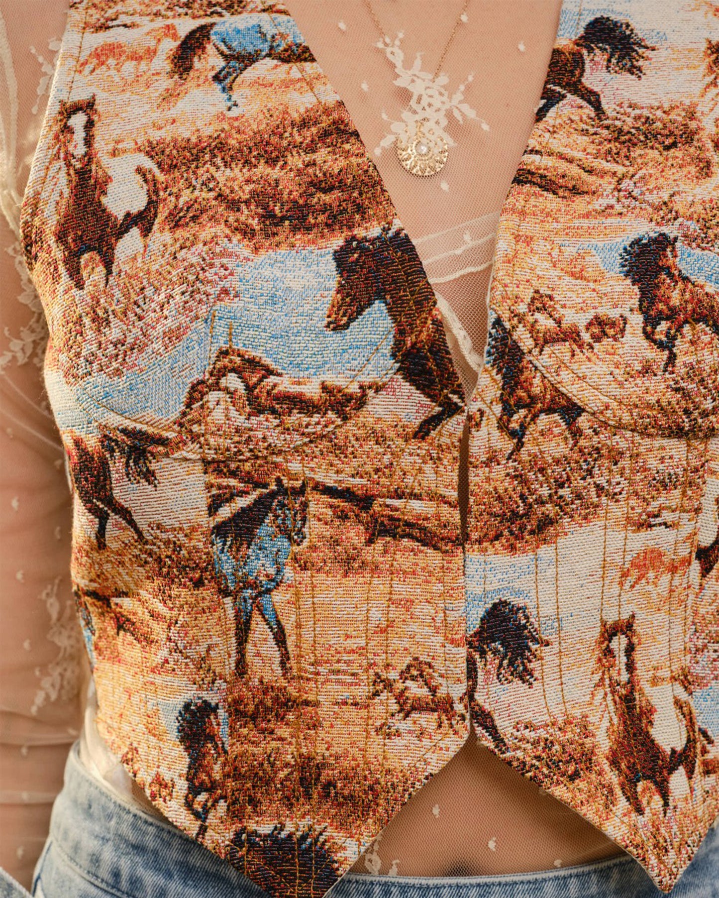 Women's Western Horse Print Jacquard Vest