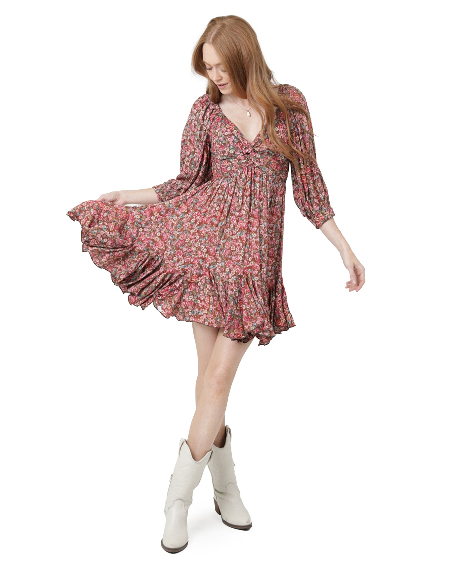 Women's Twist Front Flounce Long Sleeve Dress - C4H54-A952-Brown