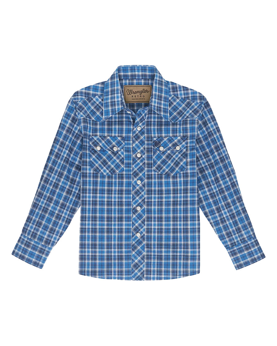 Boys' Retro Western Snap Plaid Shirt by Wrangler from Skip’s Western Outfitters | WRA-112351485-XXS-BLUE
