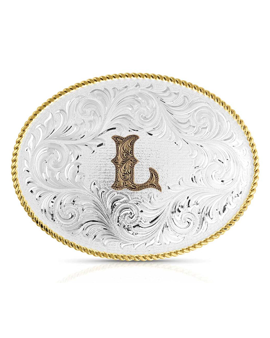 Classic Western Oval Two-Tone Initial "L" Belt Buckle by Montana Silversmiths from Skip’s Western Outfitters | MON-1255l-O/S