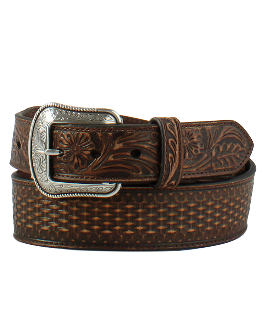 Men's Floral and Basket Stamped Belt by 3D from Skip’s Western Outfitters | MFW-D100014902-32-BRN