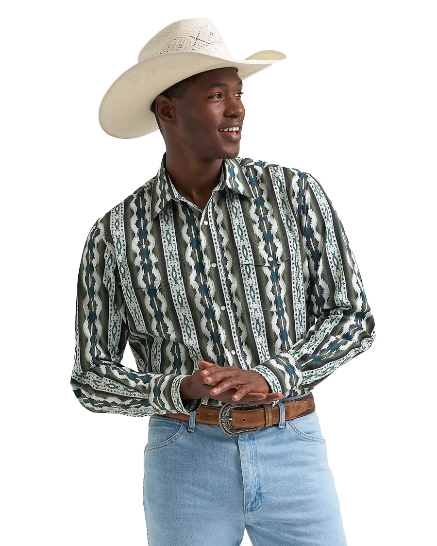 wrangler western dress shirts Mens Checotah Snap Printed Shirt Olivine - 112379228 Snaps Front Pockets Ibtom Castle Flower Girl Sizes:40 LONG DRESS