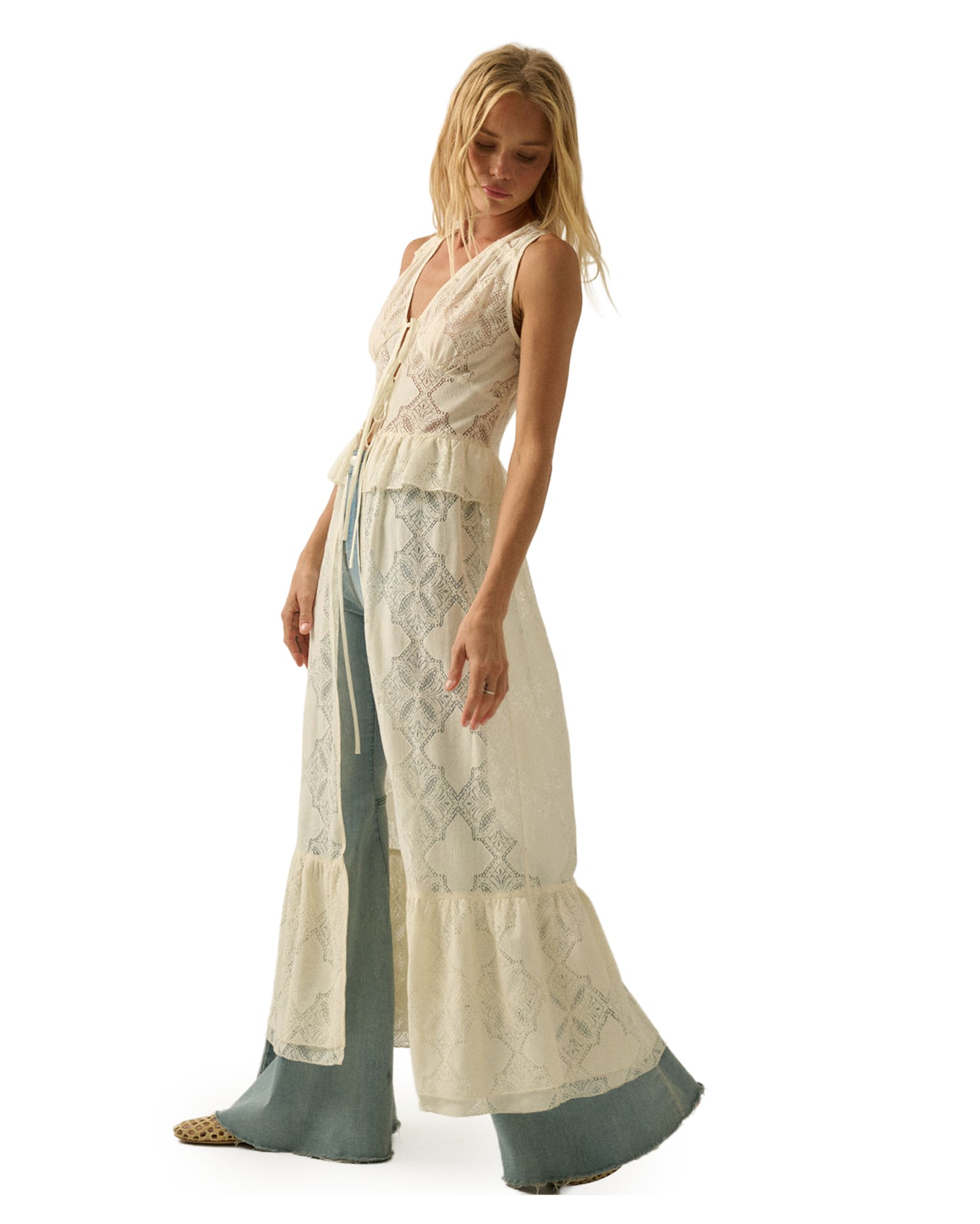 Women's Floral Lace Ruffled Tie-Front Sleeveless Maxi Top - Utb1098N-Cream