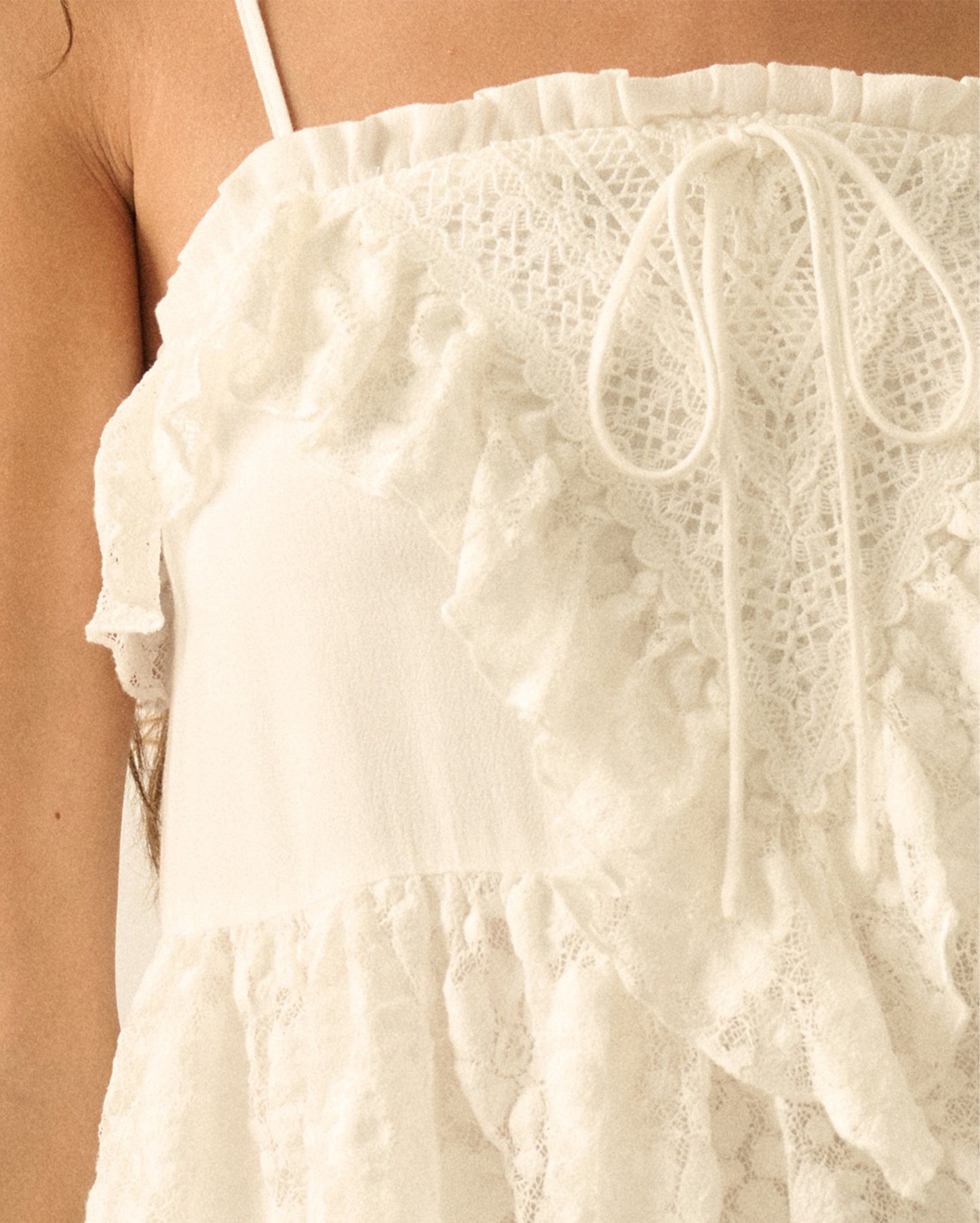 Women's Floral Lace And Cotton Gauze Ruffled Babydoll Cami Top - Ftb0217-Off-White