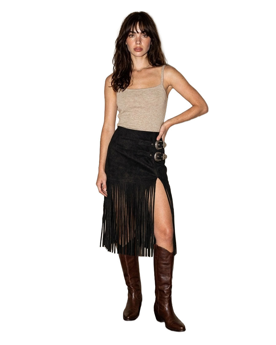 Women's Vegan Suede Fringe Buckle Skirt - 50866Srl-Black