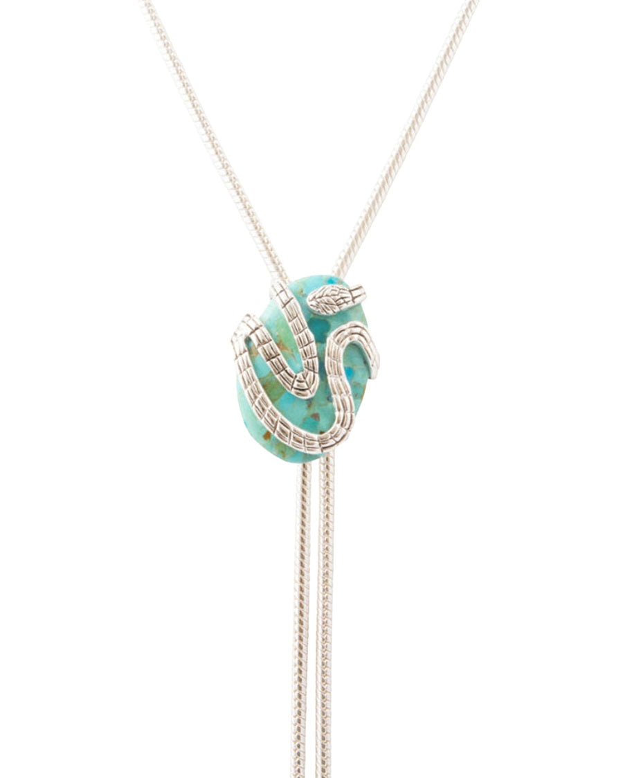 Women's Serpentine Blue Turquoise Silver Chain Bolo Necklace - Serpn02T01P