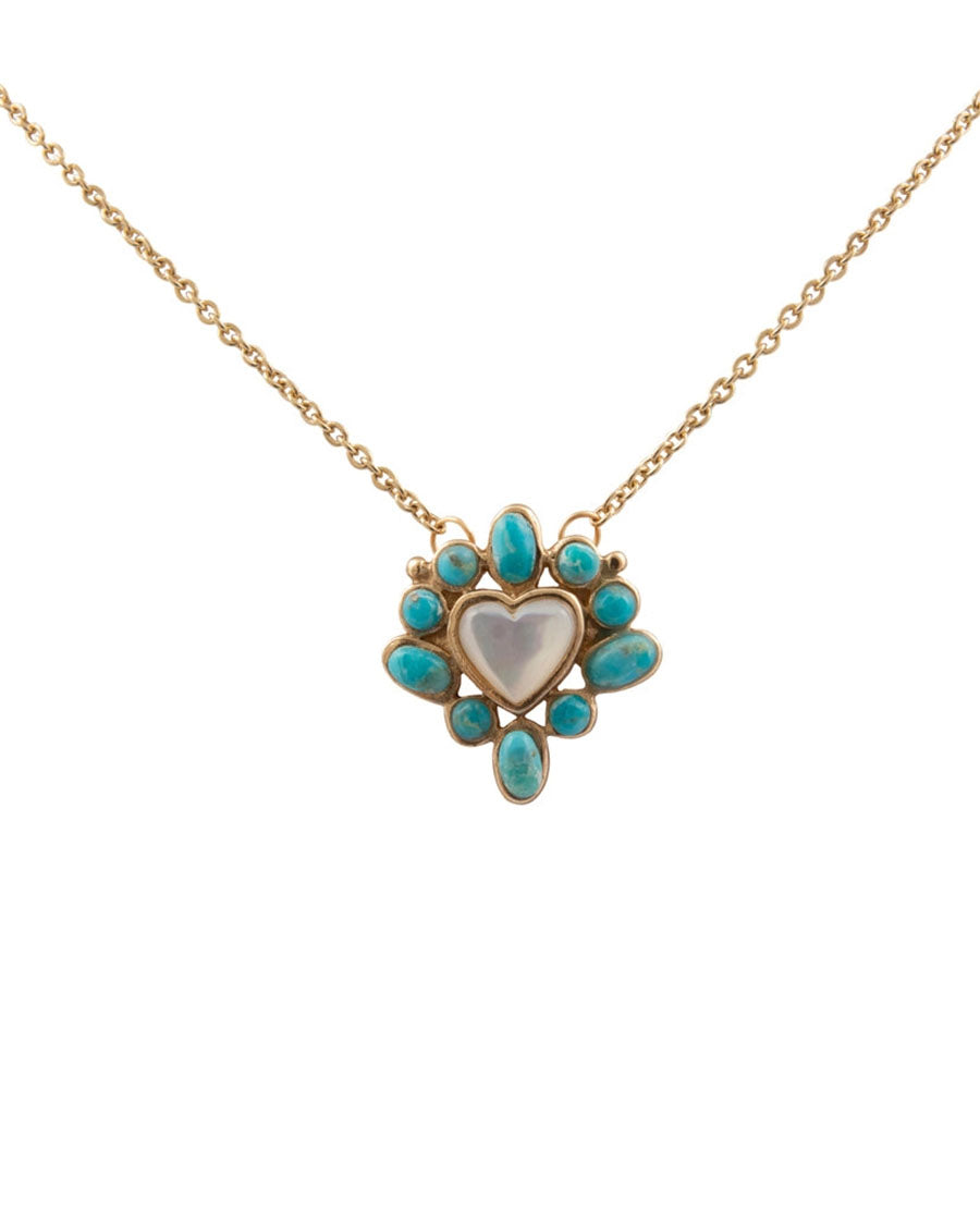 Women's Hearts Surround Blue Turquoise And Mother Of Pearl Golden Pendant Necklace - Mojan30Mtb
