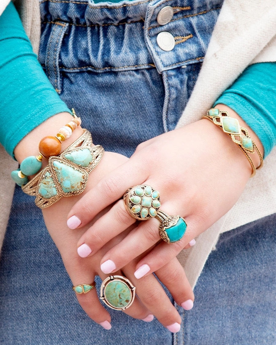 Women's Maltese Blue Turquoise Golden Cuff Bracelet - Memeb01T01B