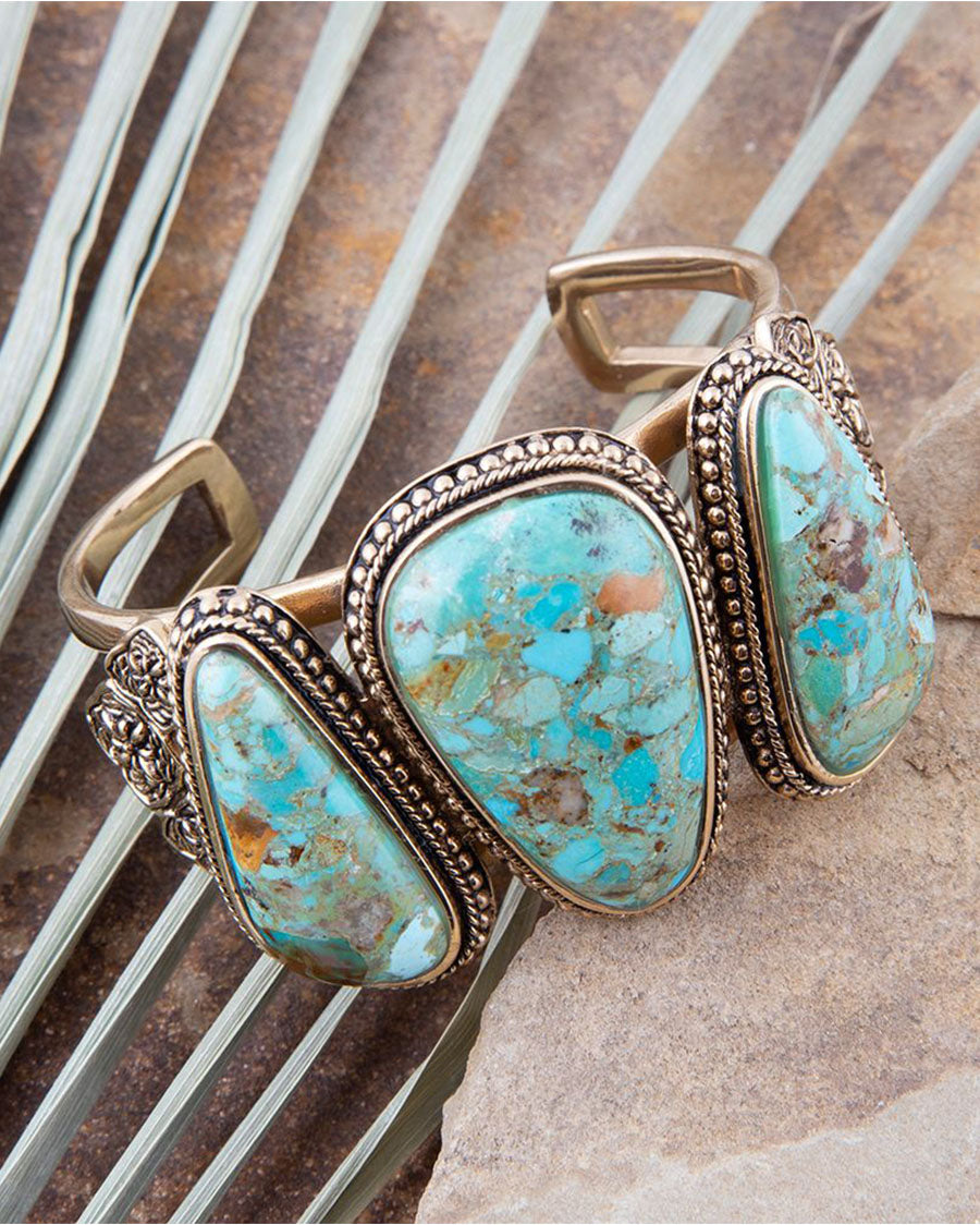 Women's Trio Blue Turquoise Golden Cuff Bracelet - Camib03T01B