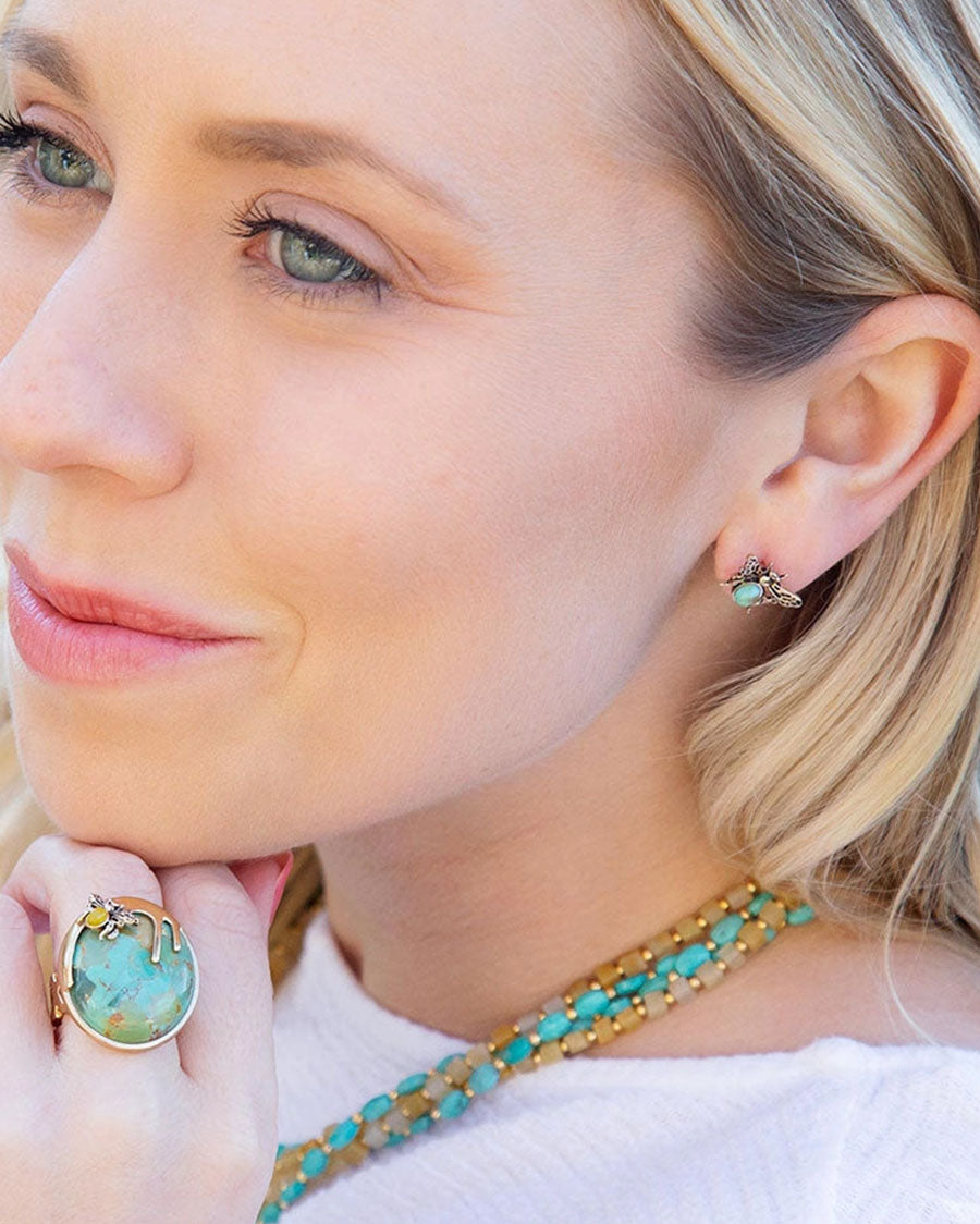 Women's Blue Turquoise Golden Honey Bee Earrings - Hneye02Tyab
