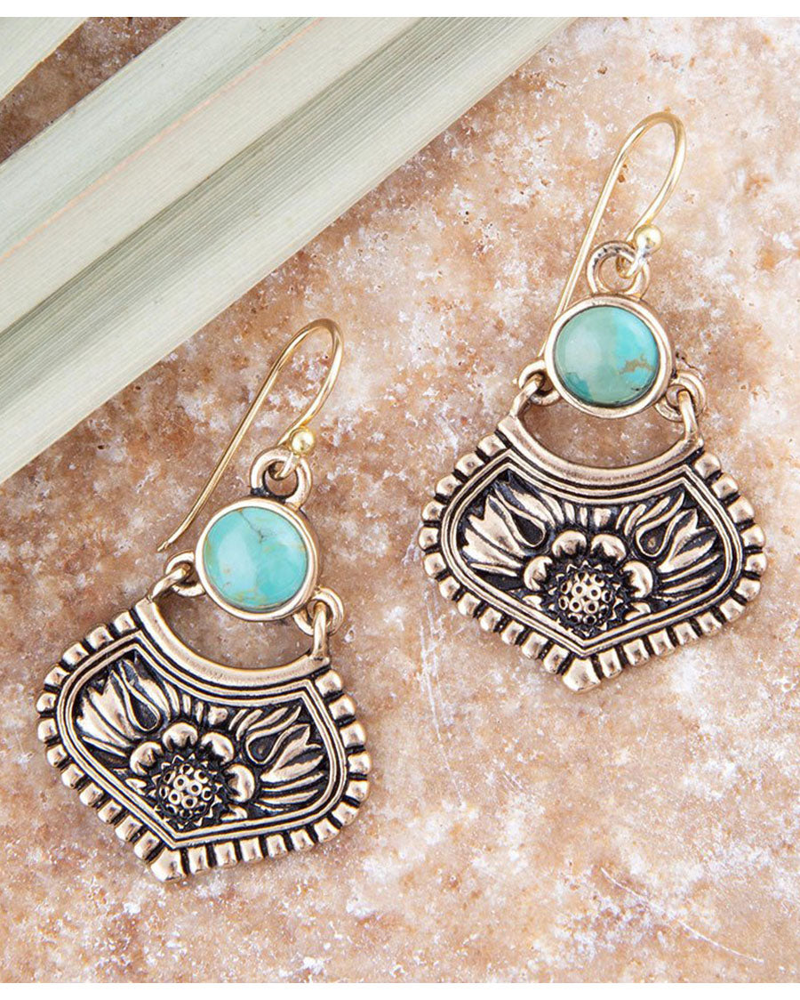 Women's Blue Turquoise Flourish Golden Drop Earrings - Floue02T01B