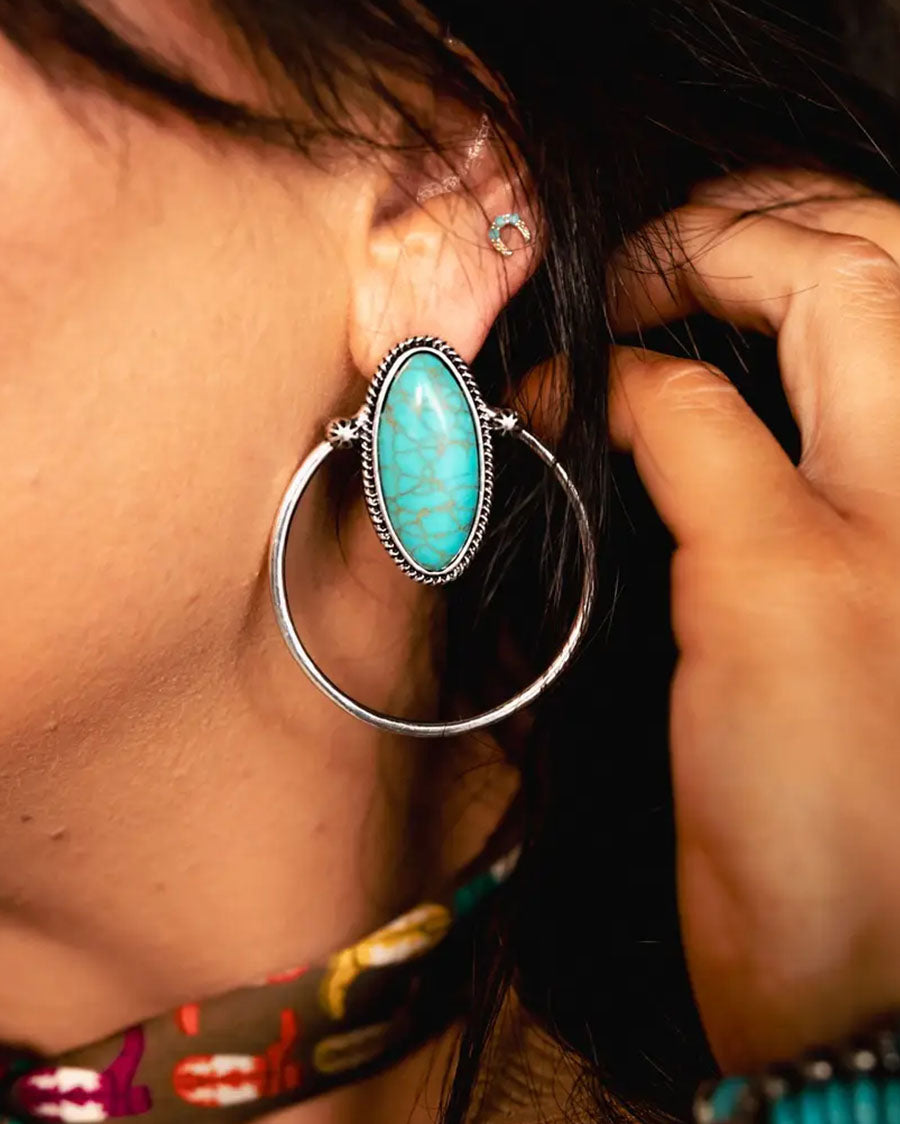 Women's 2.25" Turquoise Oval and Hoop Accented Earrings - E923