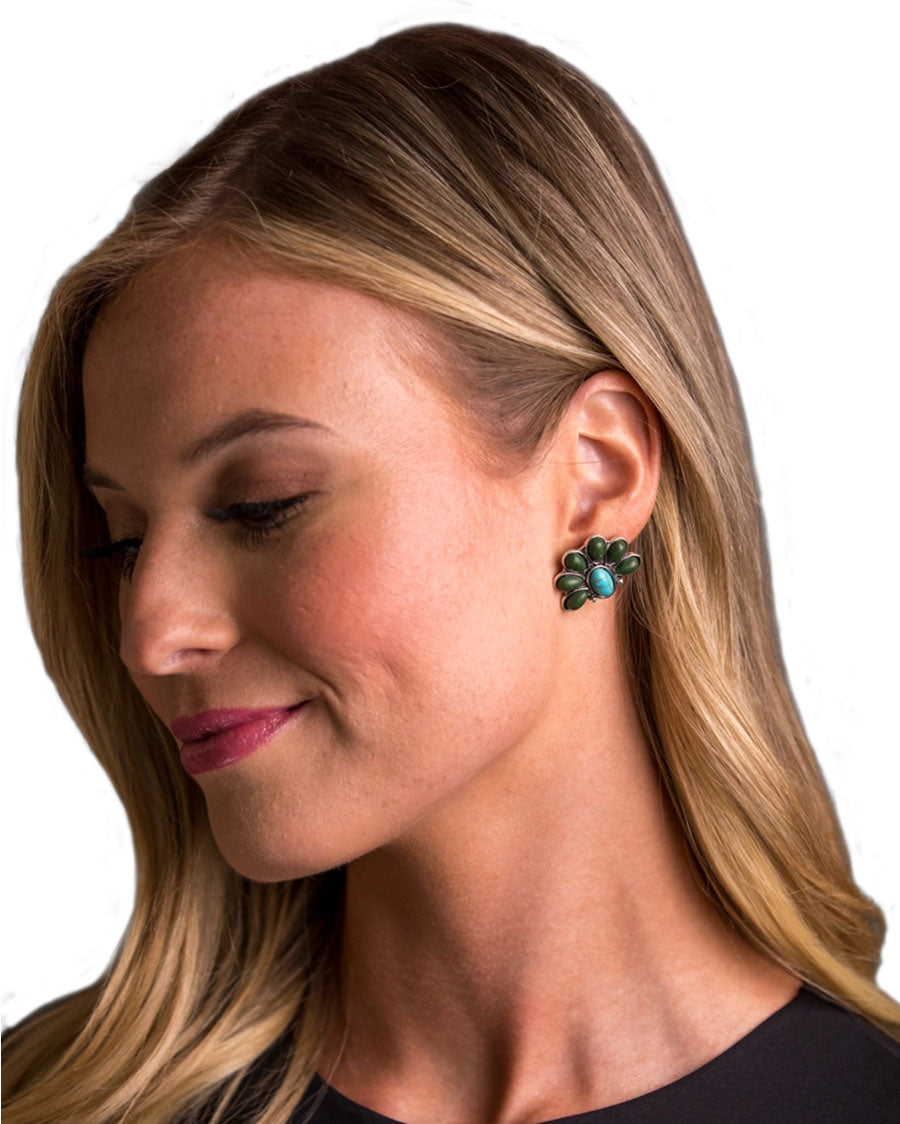 Women's 1" Turquoise And Green Half Flower Earrings - E734Tqgrn