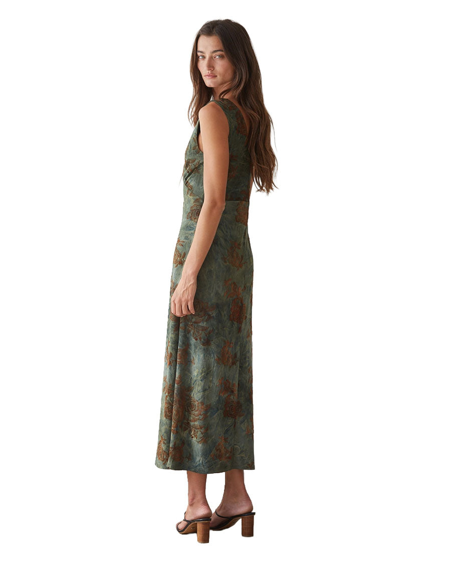 Women's Knit Floral Print Plunged V-Neck Sleeveless Midi - L9926-Dark-Green-Brown
