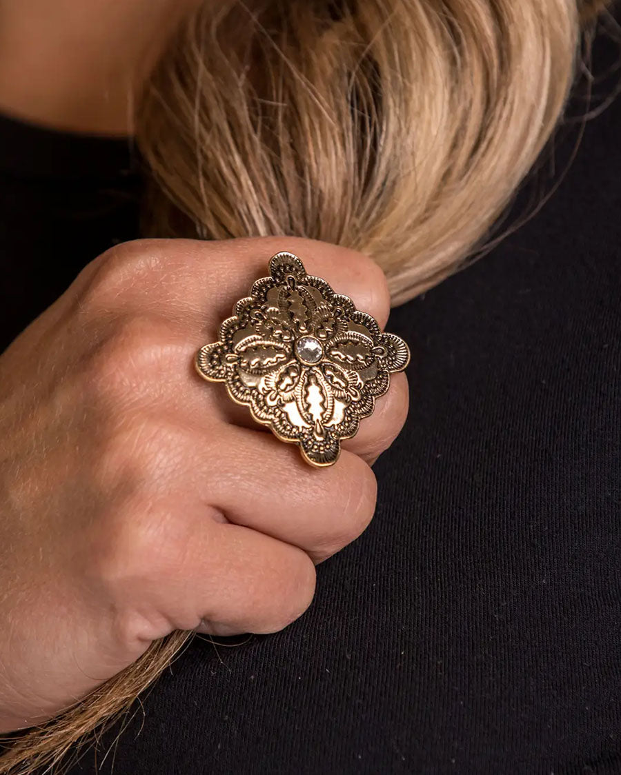 Women's Gold Diamond Shaped Adjustable Ring With Rhinestones - R279Gclr