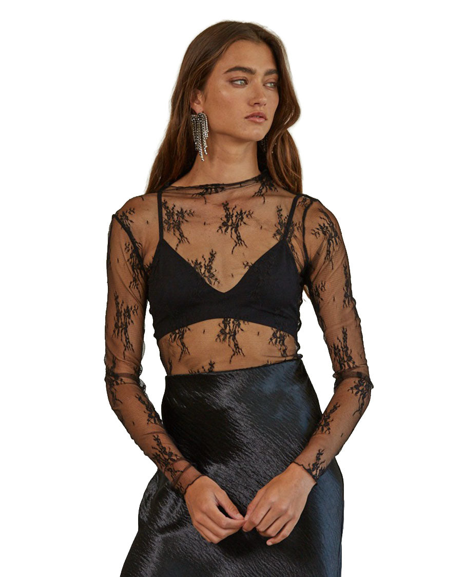 Women's Knit Jacquard Lace Long Sleeve Mock Neck Top - L6687-Black