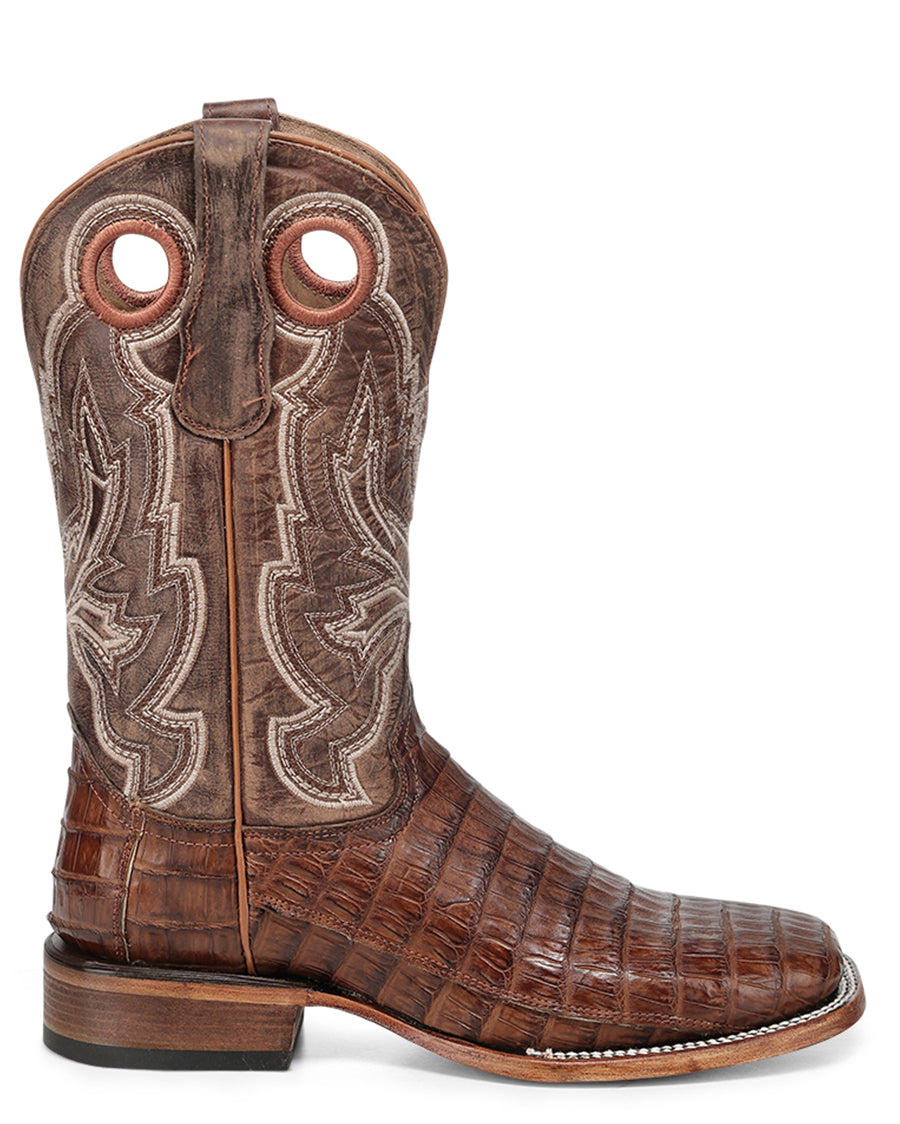 Men's Cognac Caiman Embroidery & Pull Holes Western Boots - L8102