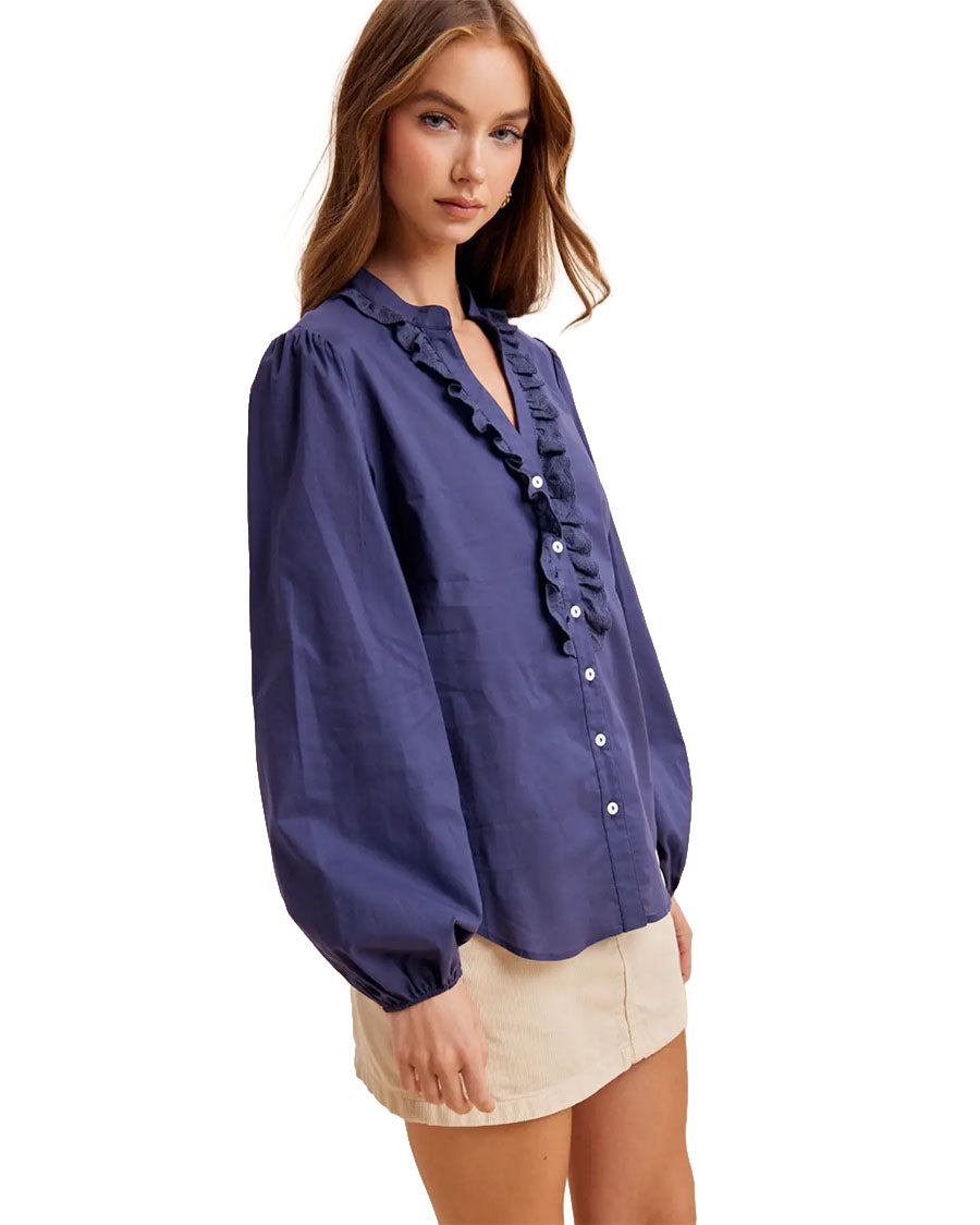 Women's Ruffled Cotton Blouse - Il7087-Dark-Navy