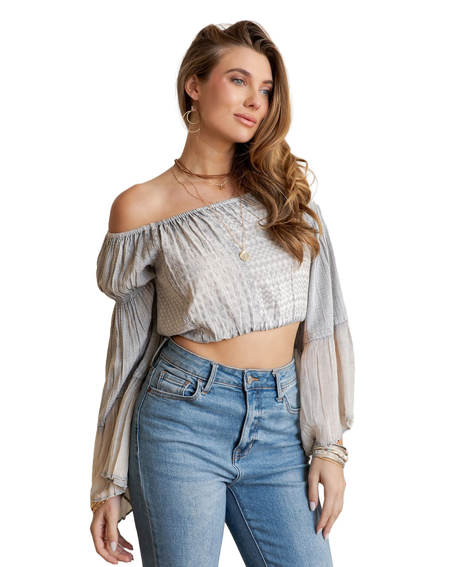 Women's Boho Off-The-Shoulder Patchwork Crop Top With Bell Sleeves - Tp56329-Grey